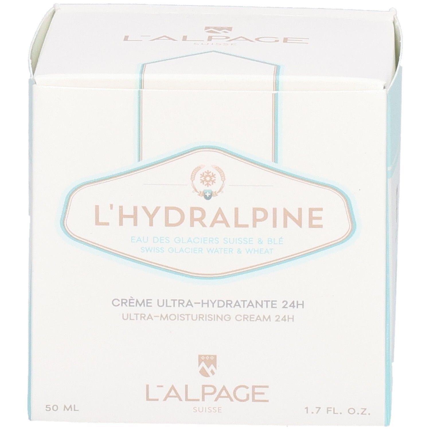 Witte doos L'Hydralpine. Tekst: Crème Ultra-Hydratante 24H. 1.7 fl. oz. en 50 ml.