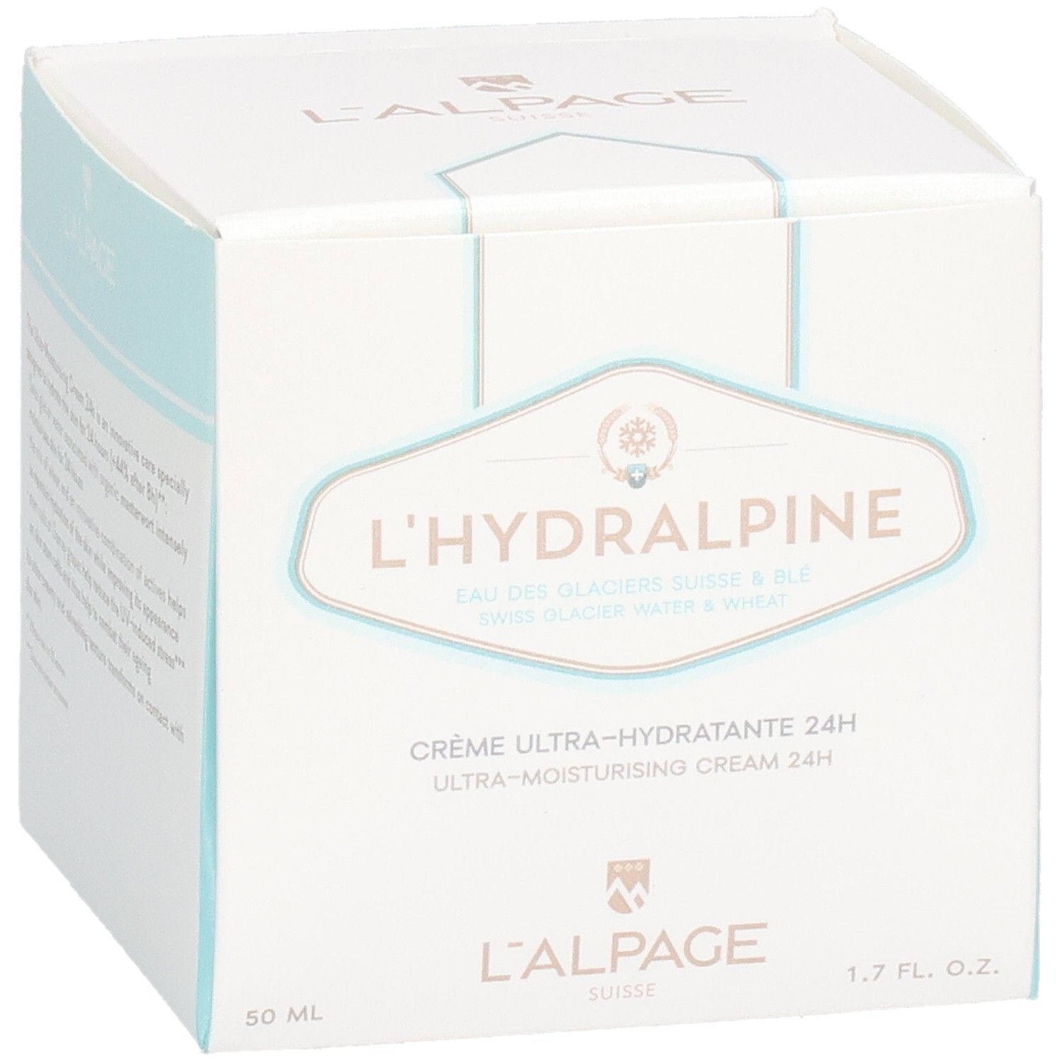 Witte doos L'Hydralpine. Tekst: Crème Ultra-Hydratante 24H. 1.7 fl. oz. en 50 ml.