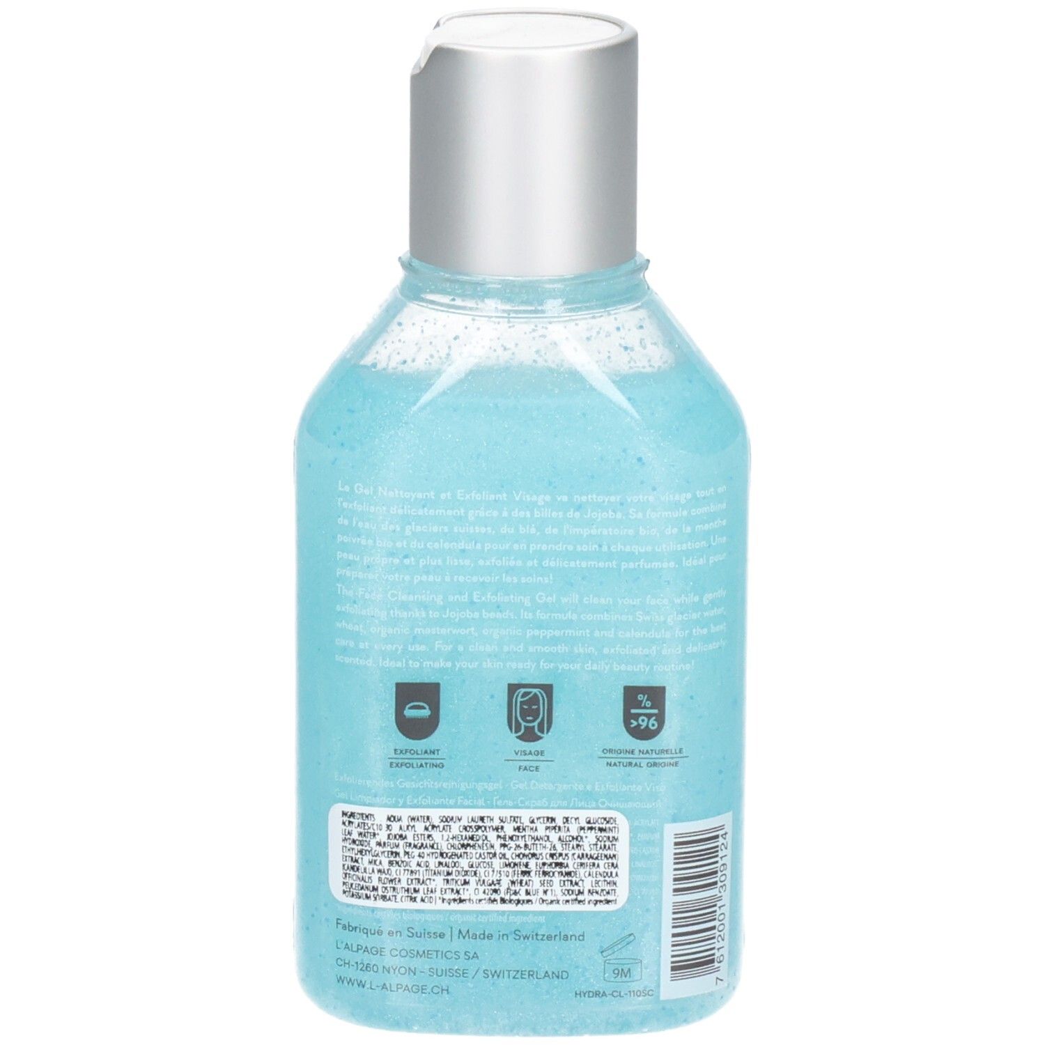 Achterkant van de fles met blauwe gel. Tekst: ingrediënten, informatie. Symbolen: recycling, huidvriendelijk, 96% natuurlijke ingrediënten.