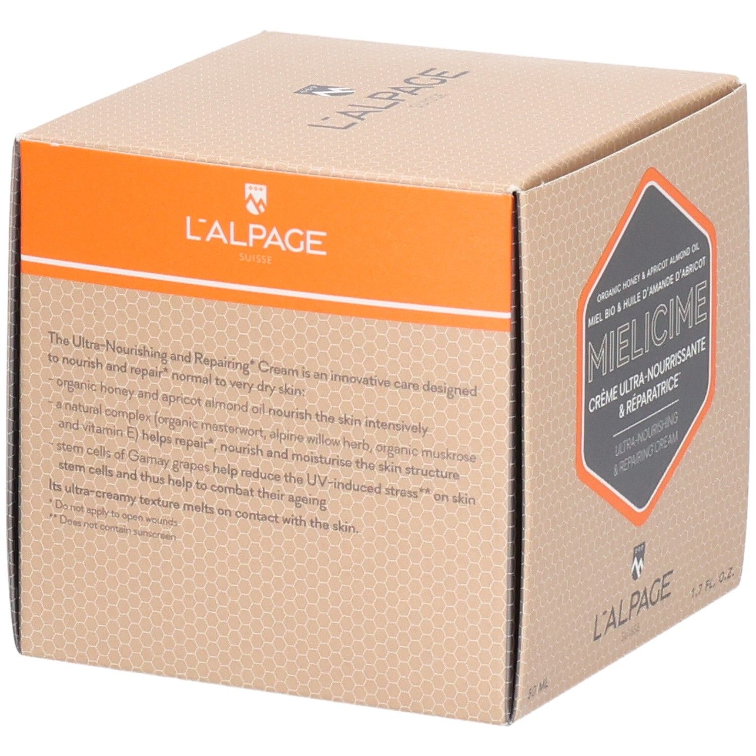 Boîte L'ALPAGE Mielicime. Description textuelle sur le côté. Nom du produit et marque. 1.7 fl. oz.