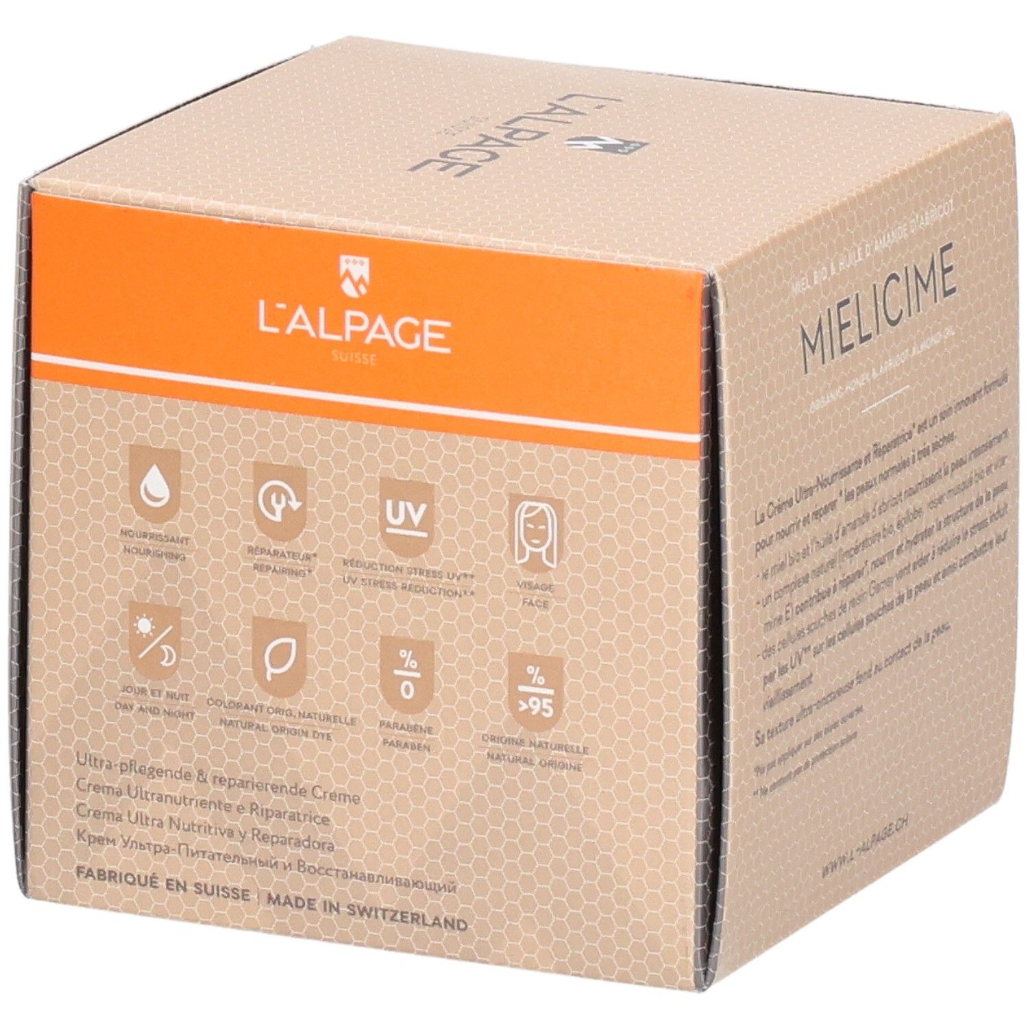 Boîte L'ALPAGE Mielicime. Pictogrammes et texte sur le côté. Nom du produit et marque. Fabriqué en Suisse.