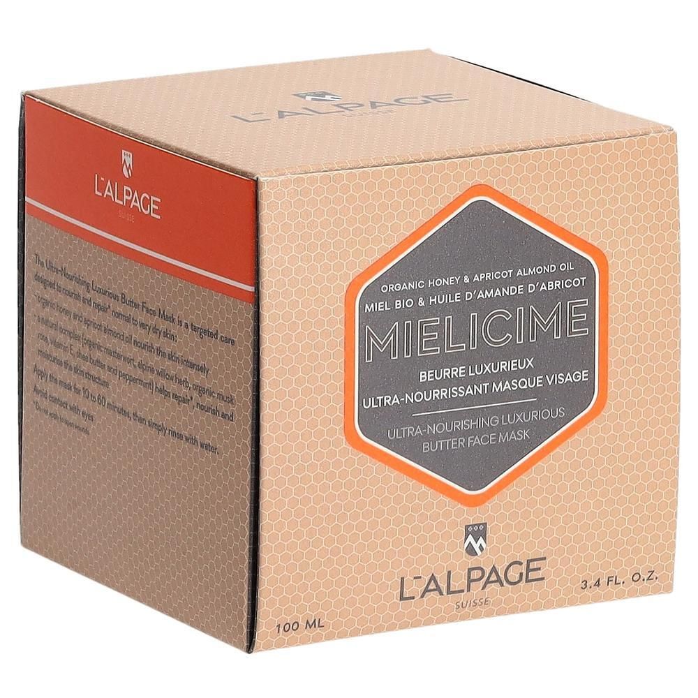 Kartonnen verpakking met productopdruk. Oranje accenten. Productnaam: Mielicime. Tekst: Ultra-voedend gezichtsmasker.