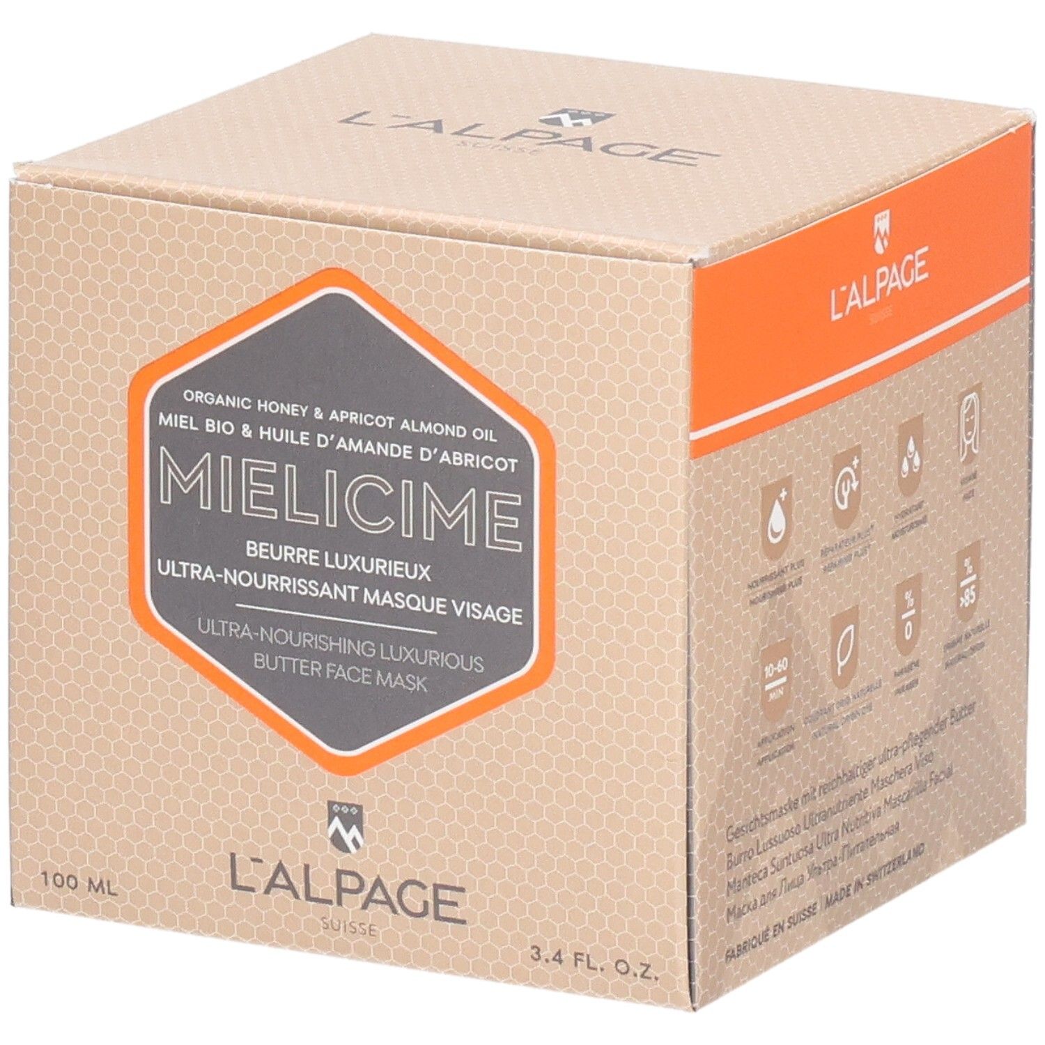 Kartonnen verpakking met productopdruk. Oranje accenten. Productnaam: Mielicime. Tekst: Ultra-voedend gezichtsmasker.
