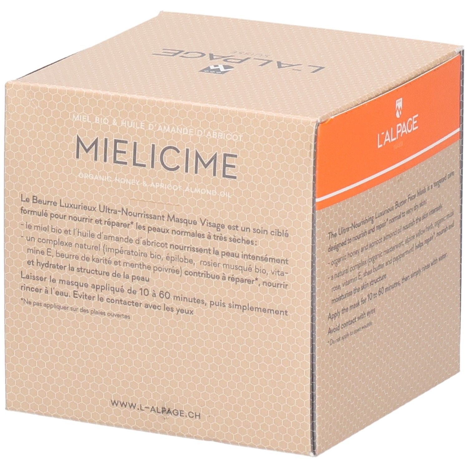 Kartonnen verpakking met productbeschrijving. Oranje accent. Tekst: Ultra-voedend gezichtsmasker. Merk: L'ALPAGE.