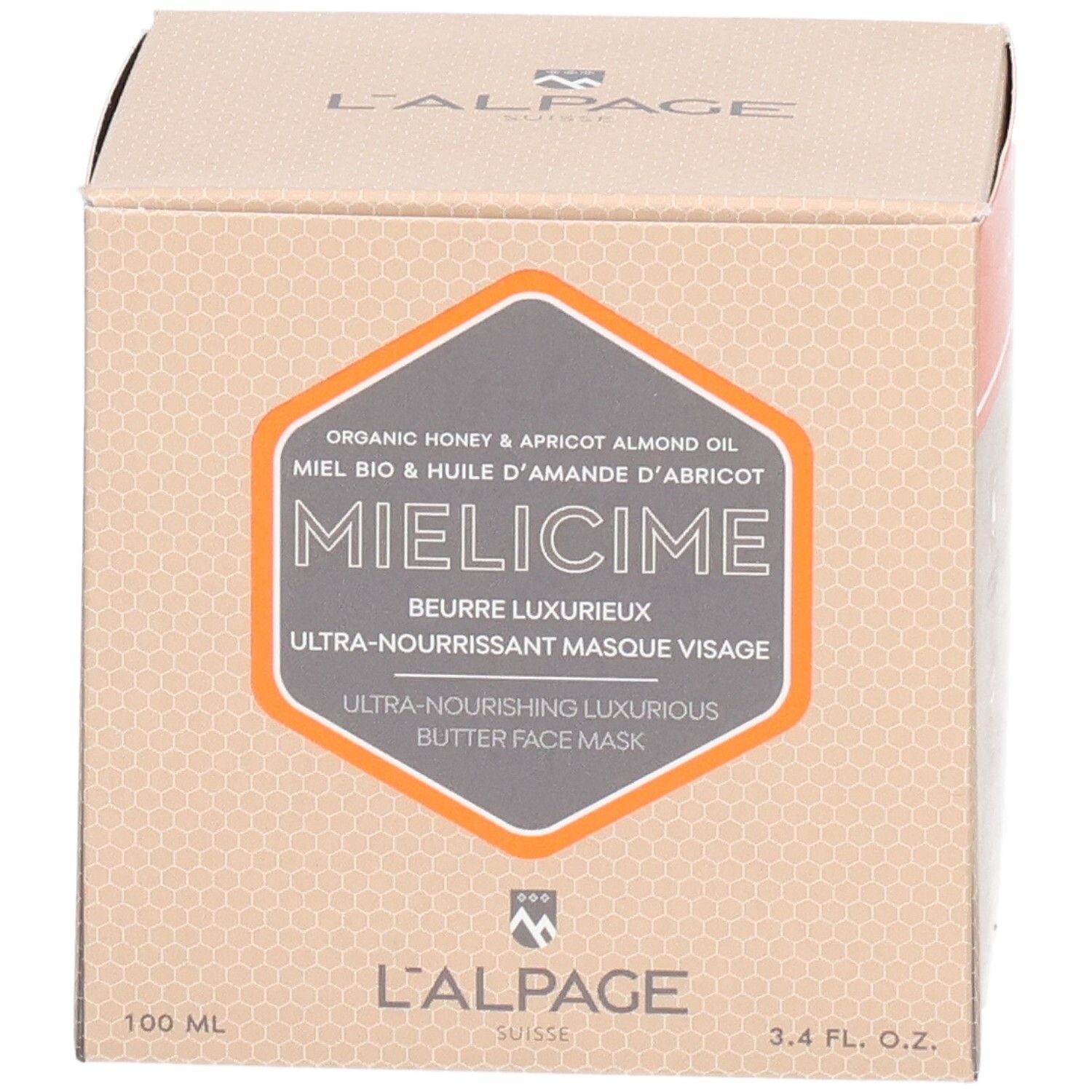 Kartonnen verpakking met productopdruk. Oranje accenten. Productnaam: Mielicime. Tekst: Ultra-voedend gezichtsmasker.