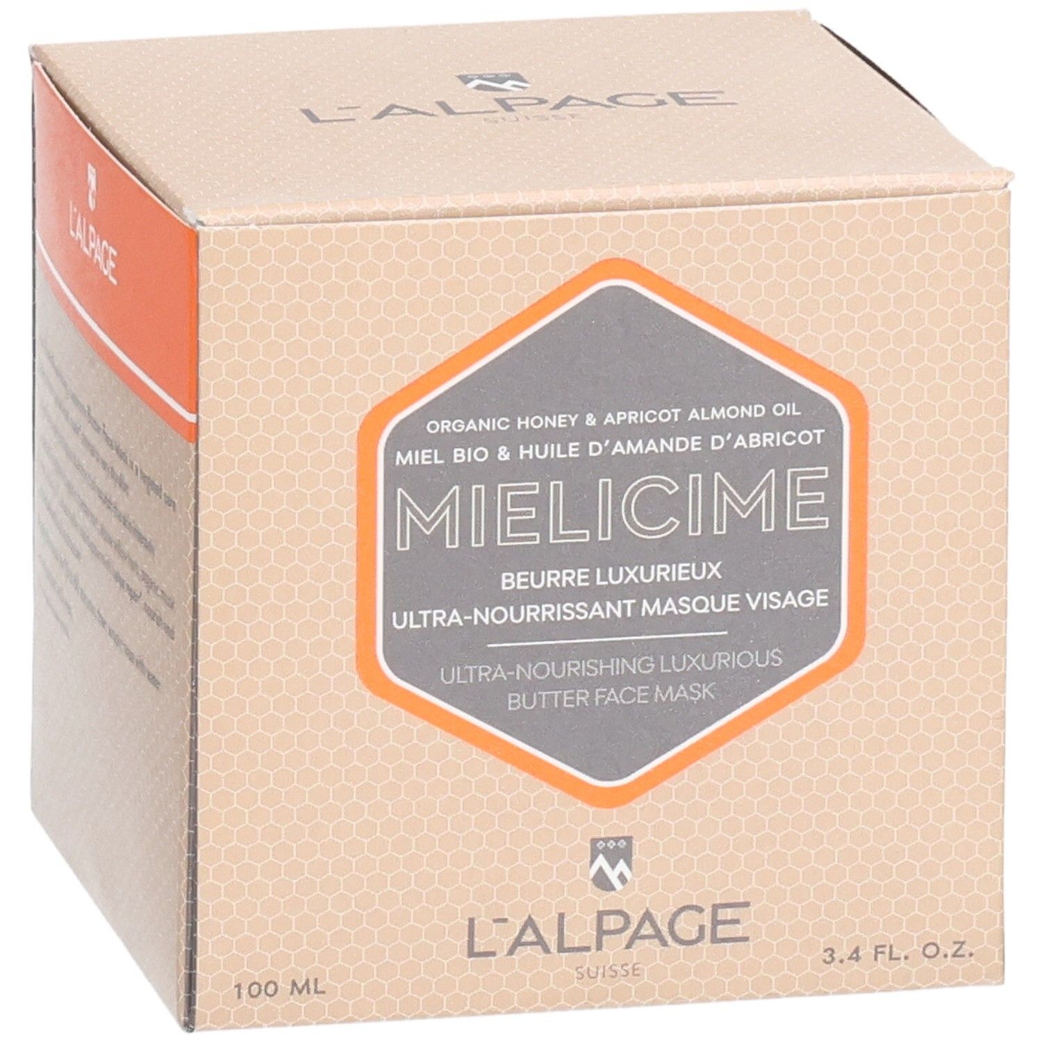 Kartonnen verpakking met productopdruk. Oranje accenten. Productnaam: Mielicime. Tekst: Ultra-voedend gezichtsmasker.