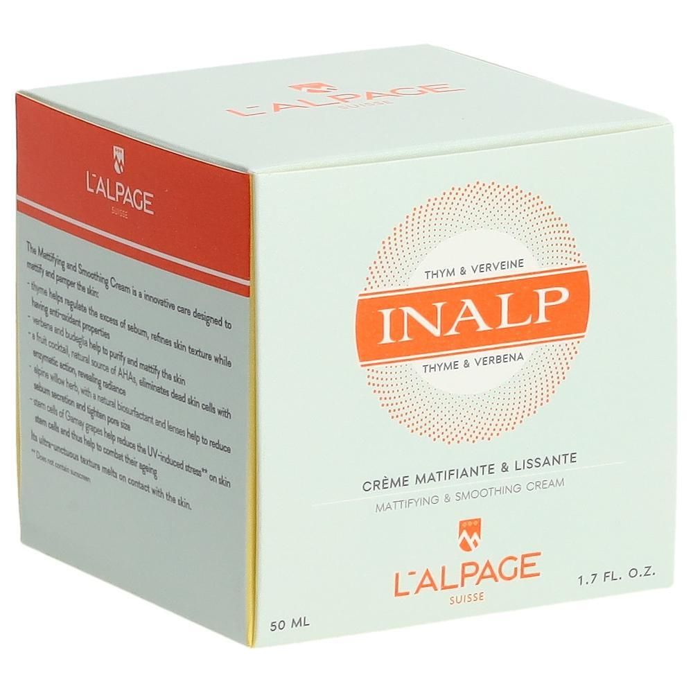 Witte doos met L'ALPAGE-logo. Opschrift: INALP, Crème Matifiante & Lissante. 50 ml, 1.7 FL. OZ.