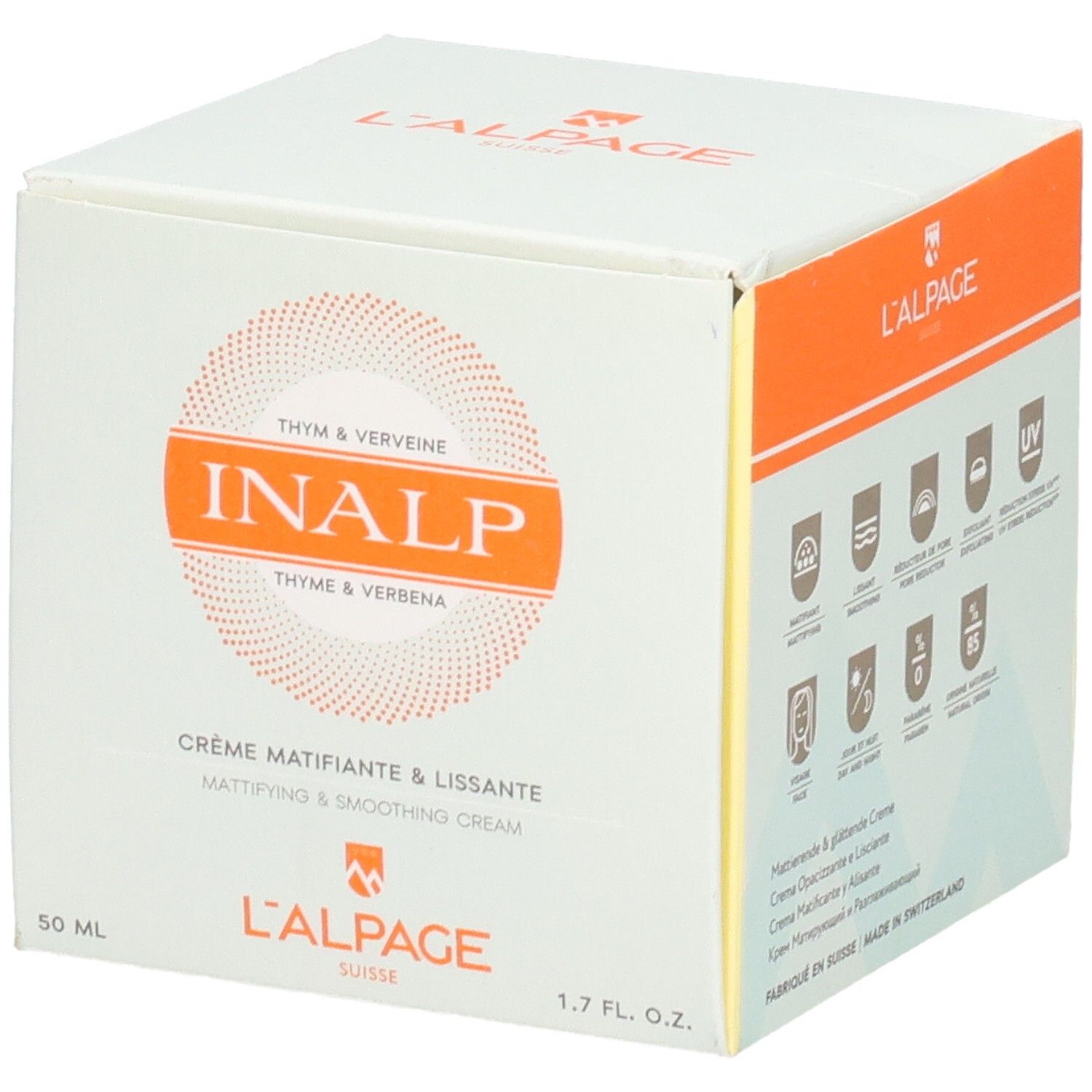 Witte doos met L'ALPAGE-logo. Opschrift: INALP, Crème Matifiante & Lissante. 50 ml, 1.7 FL. OZ. Symbolen op de achterkant.