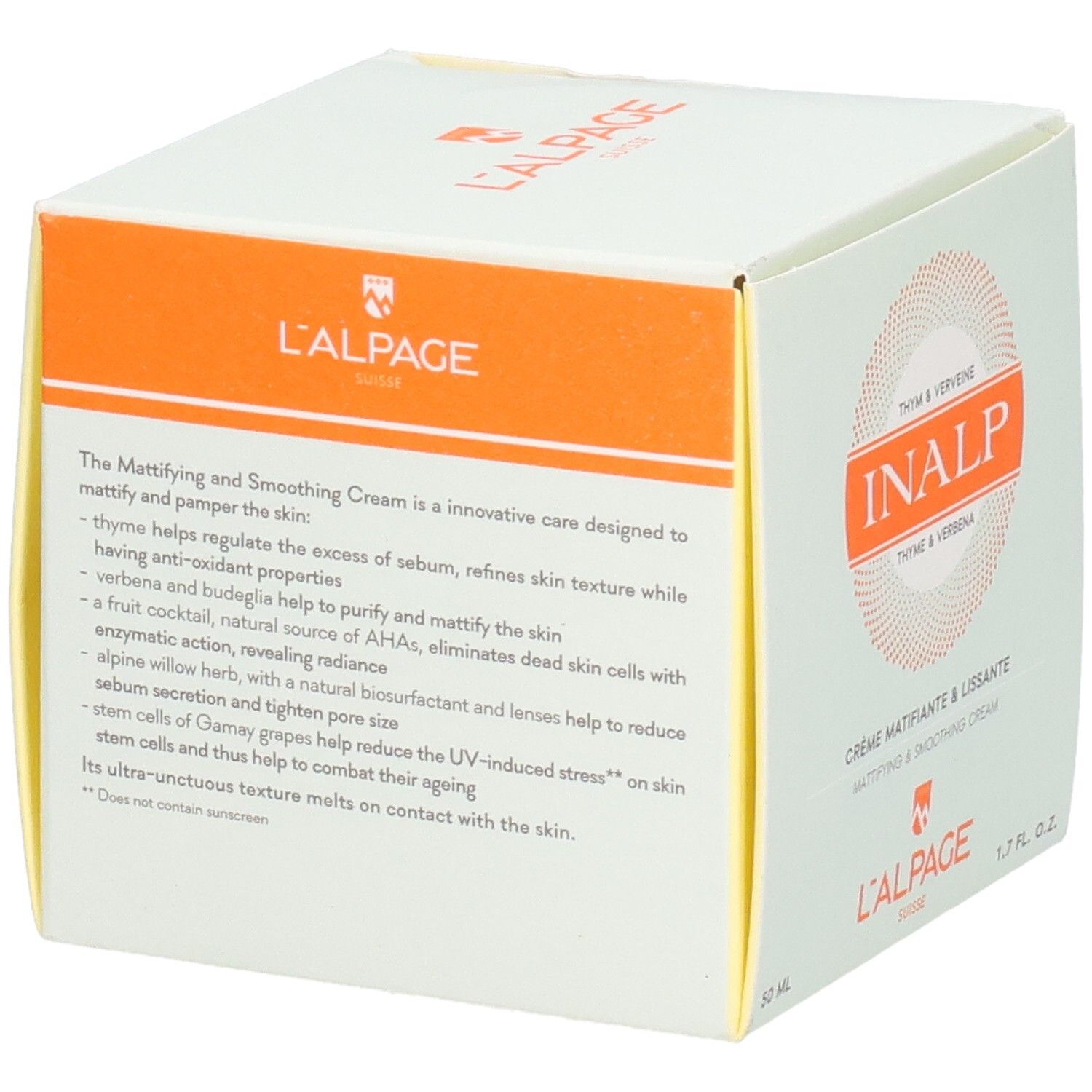 Witte doos met L'ALPAGE-logo. Opschrift: INALP, Crème Matifiante & Lissante. Tekst op de zijkant.