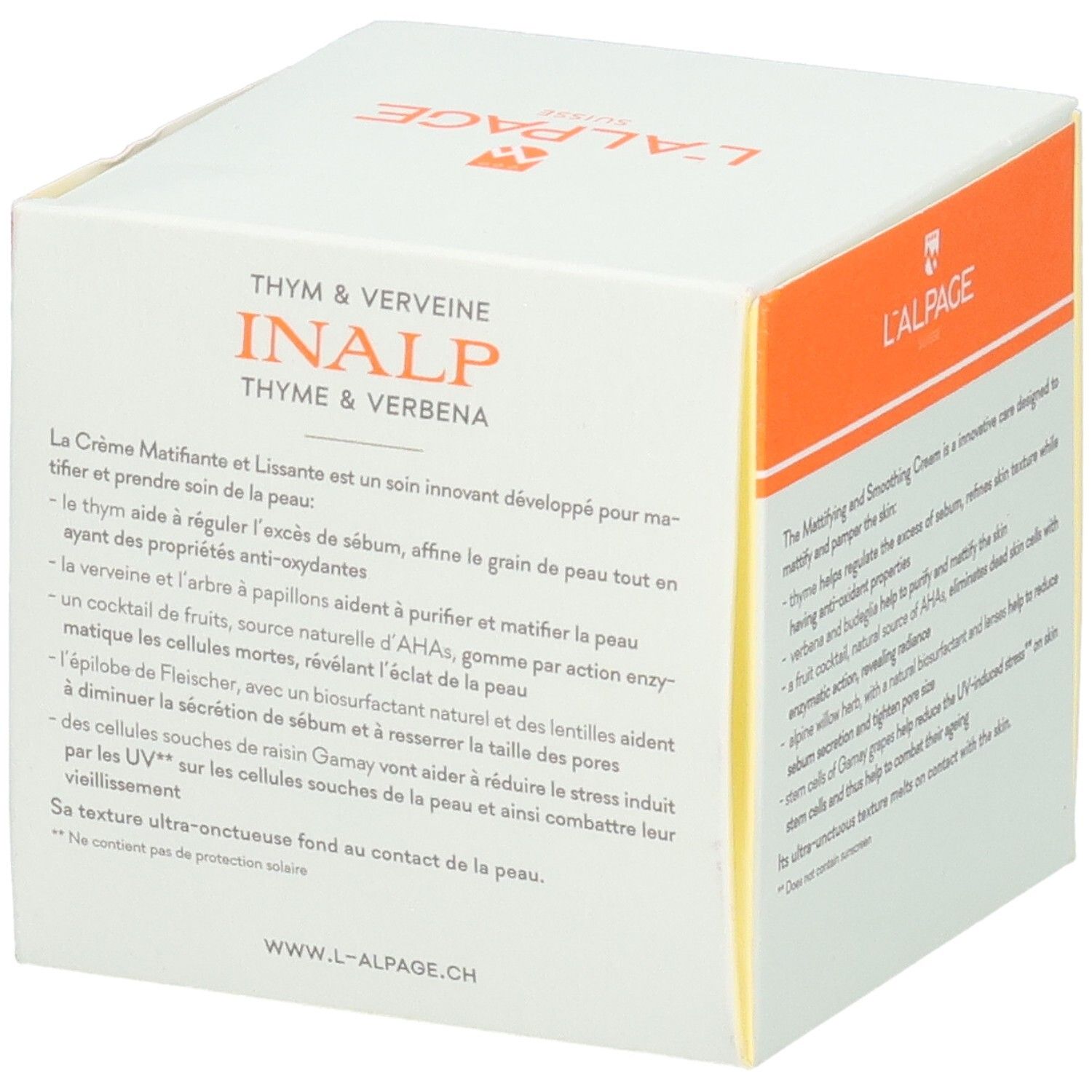 Witte doos met L'ALPAGE-logo. Opschrift: INALP, Crème Matifiante & Lissante. Tekst op de zijkant.