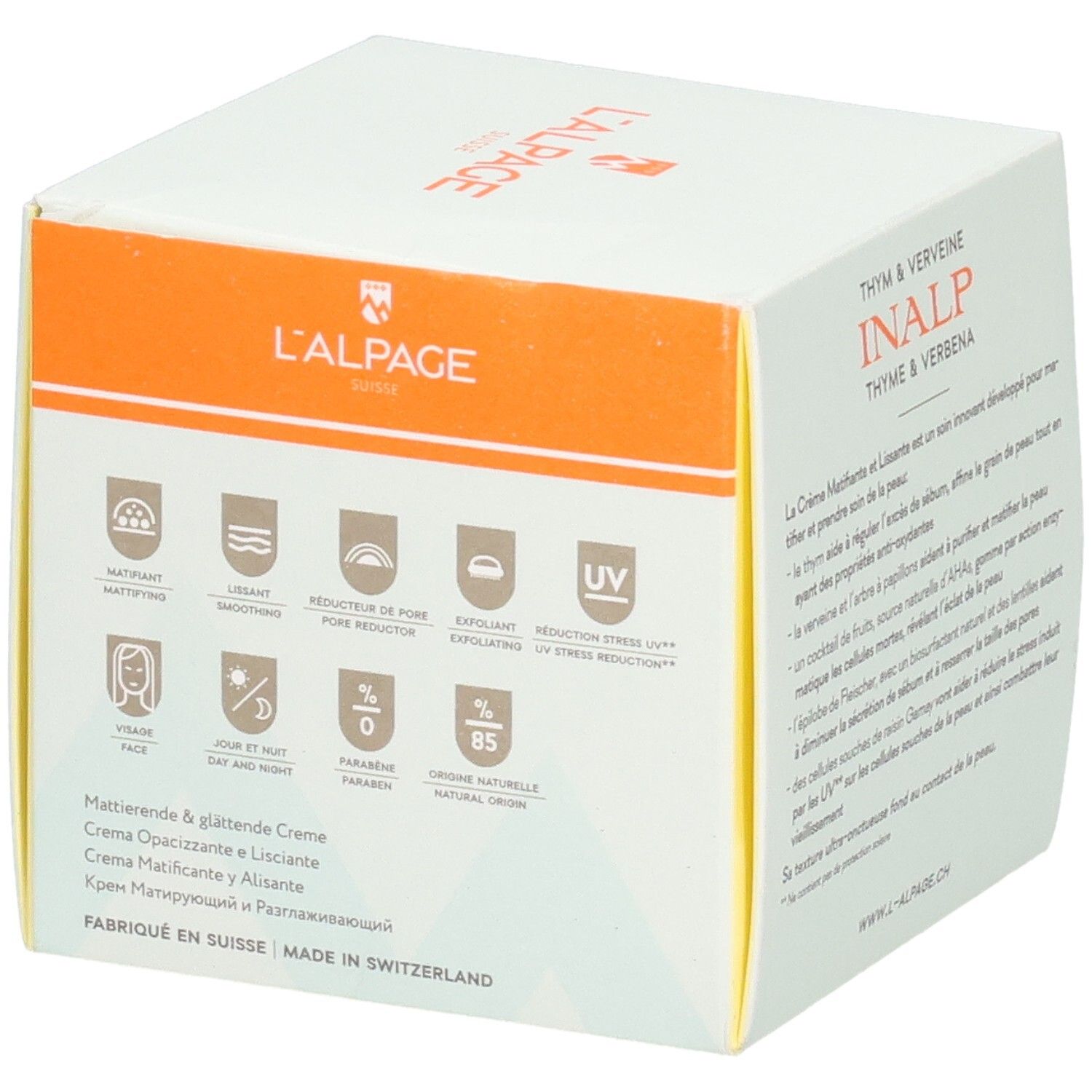 Witte doos met L'ALPAGE-logo. Opschrift: INALP, Crème Matifiante & Lissante. Symbolen en tekst op de zijkant.
