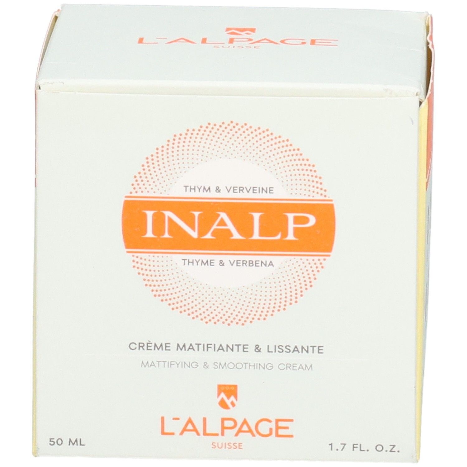 Witte doos met L'ALPAGE-logo. Opschrift: INALP, Crème Matifiante & Lissante. 50 ml, 1.7 FL. OZ.