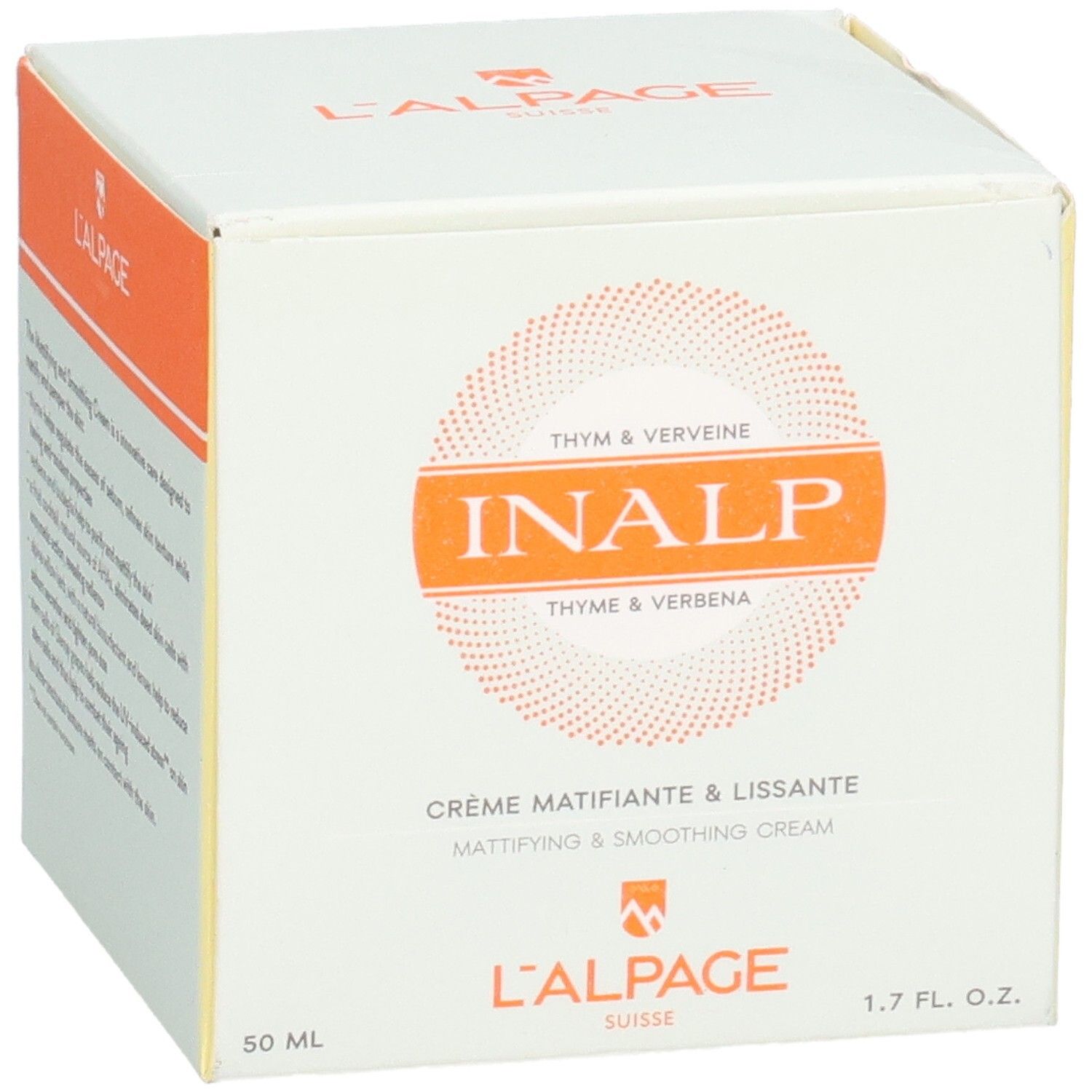 Witte doos met L'ALPAGE-logo. Opschrift: INALP, Crème Matifiante & Lissante. 50 ml, 1.7 FL. OZ.