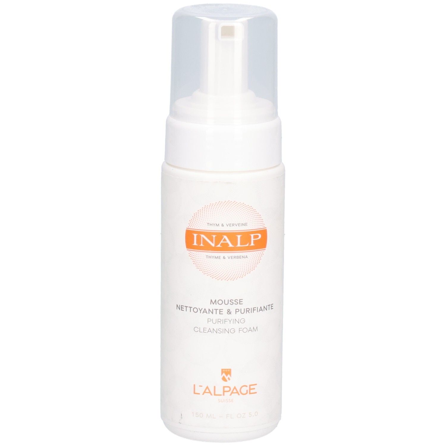 Flacon blanc avec pompe. Cercle orange avec logo INALP. Texte: Mousse Nettoyante & Purifiante, L'ALPAGE.