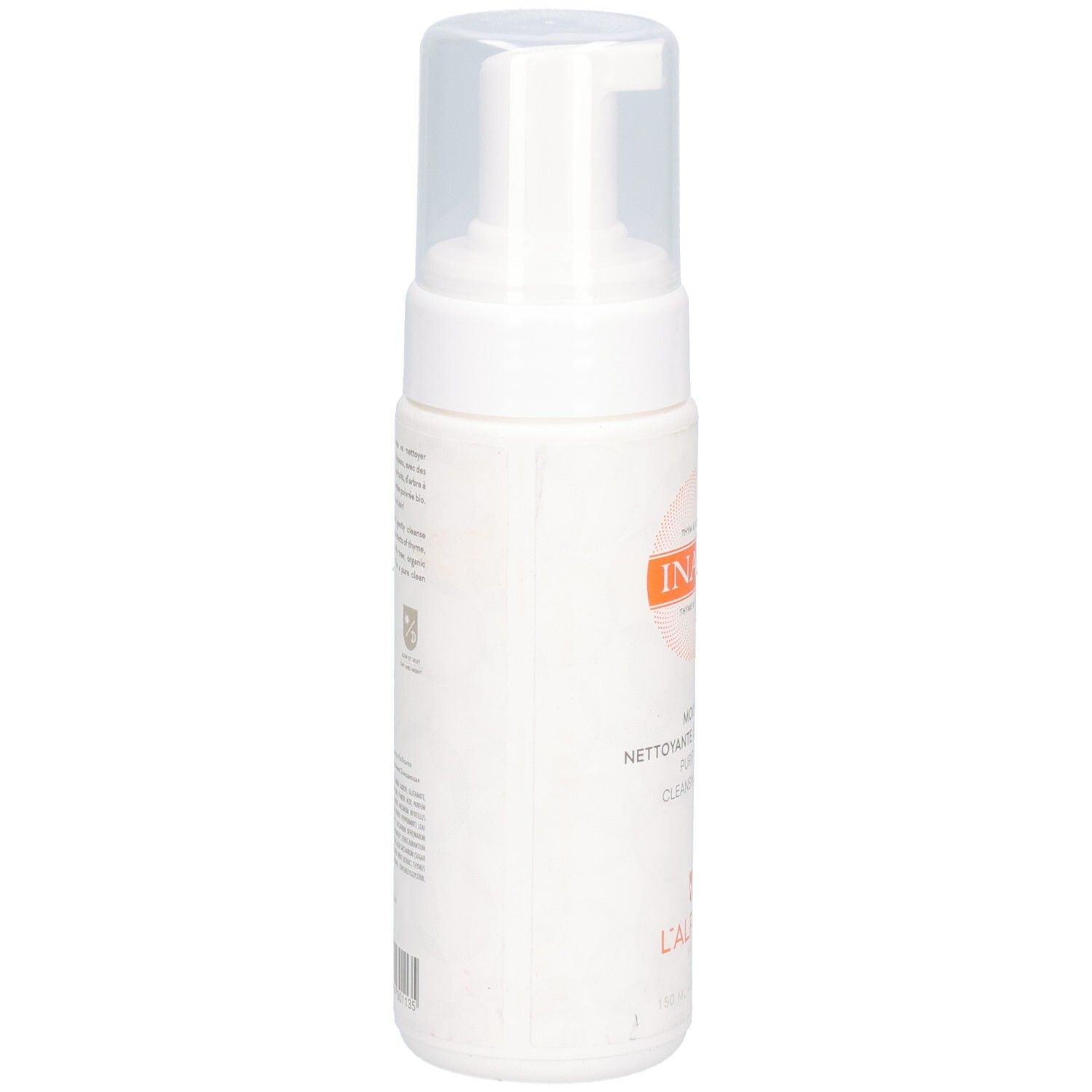 Flacon blanc avec pompe. Cercle orange avec logo INALP. Texte: Mousse Nettoyante & Purifiante, L'ALPAGE.