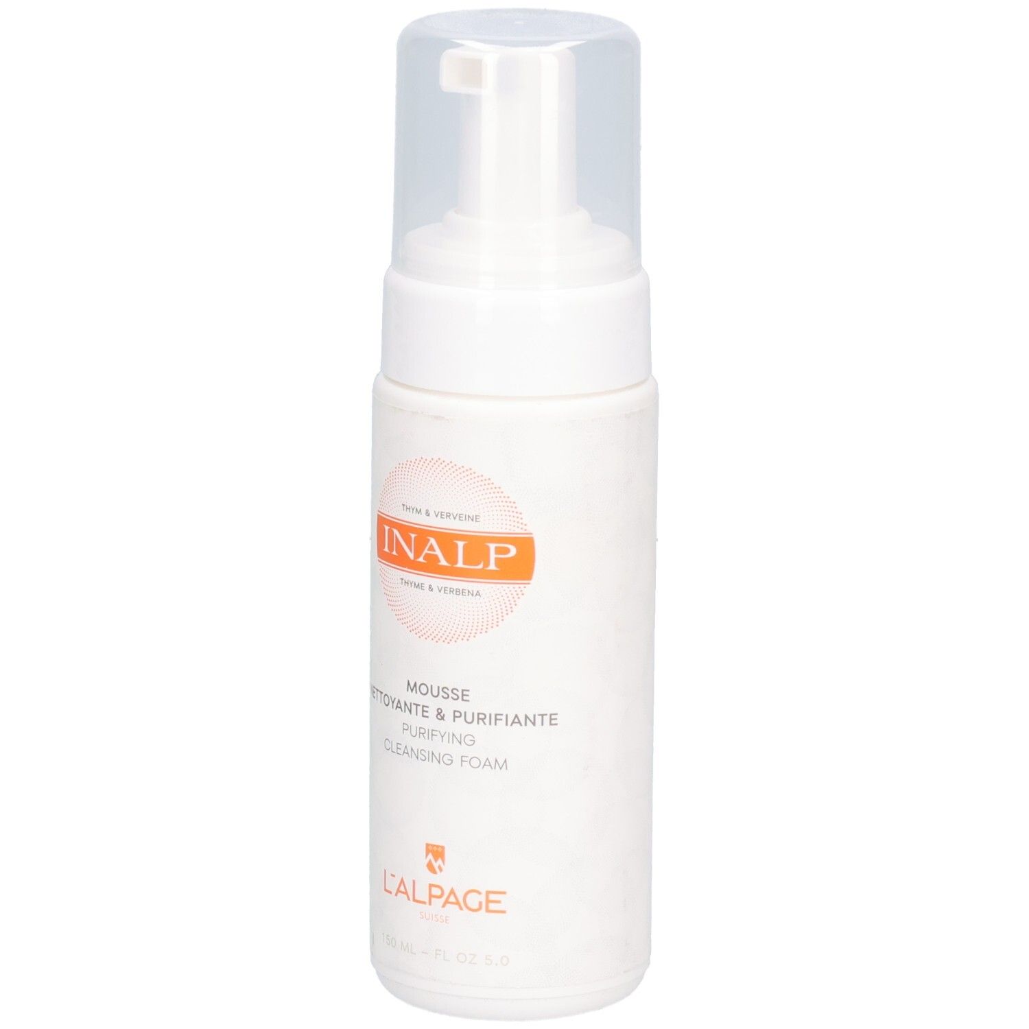 Flacon blanc avec pompe. Cercle orange avec logo INALP. Texte: Mousse Nettoyante & Purifiante, L'ALPAGE.