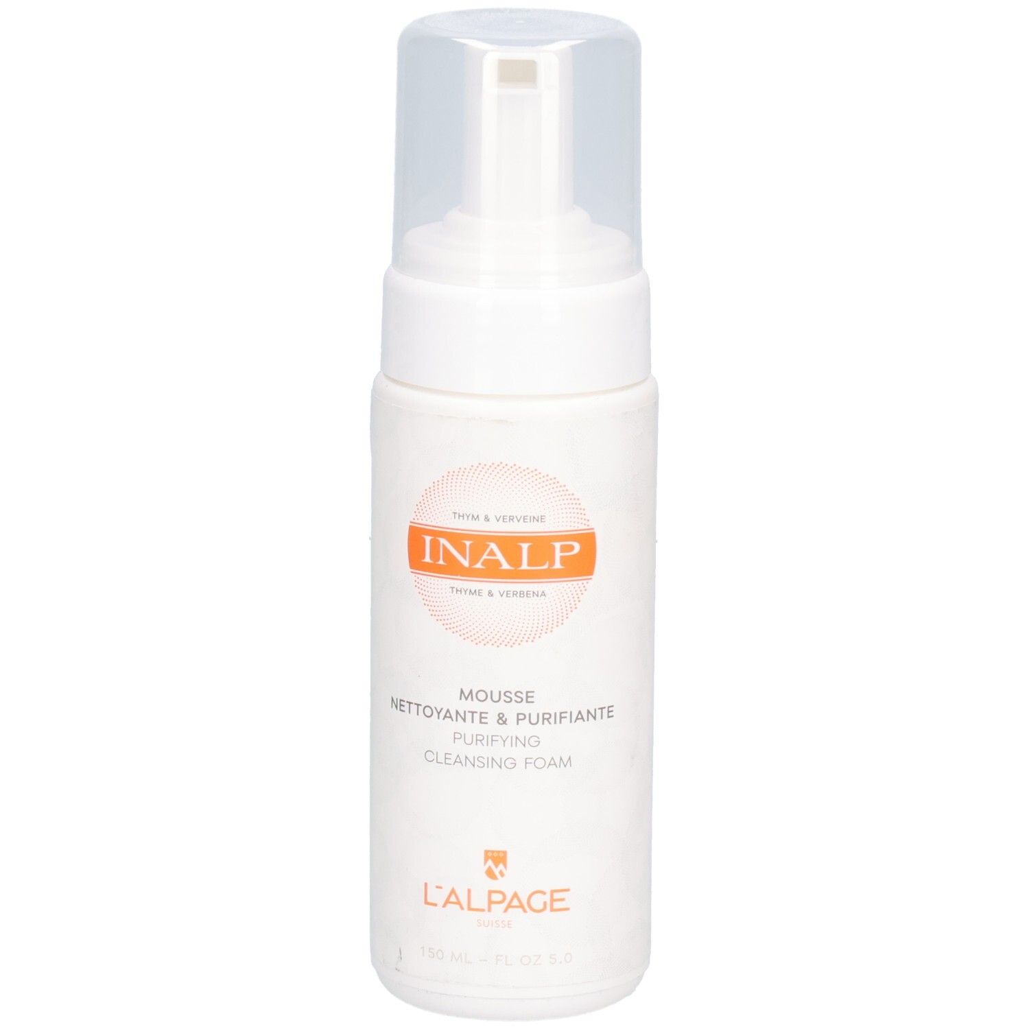 Flacon blanc avec pompe. Cercle orange avec logo INALP. Texte: Mousse Nettoyante & Purifiante, L'ALPAGE.