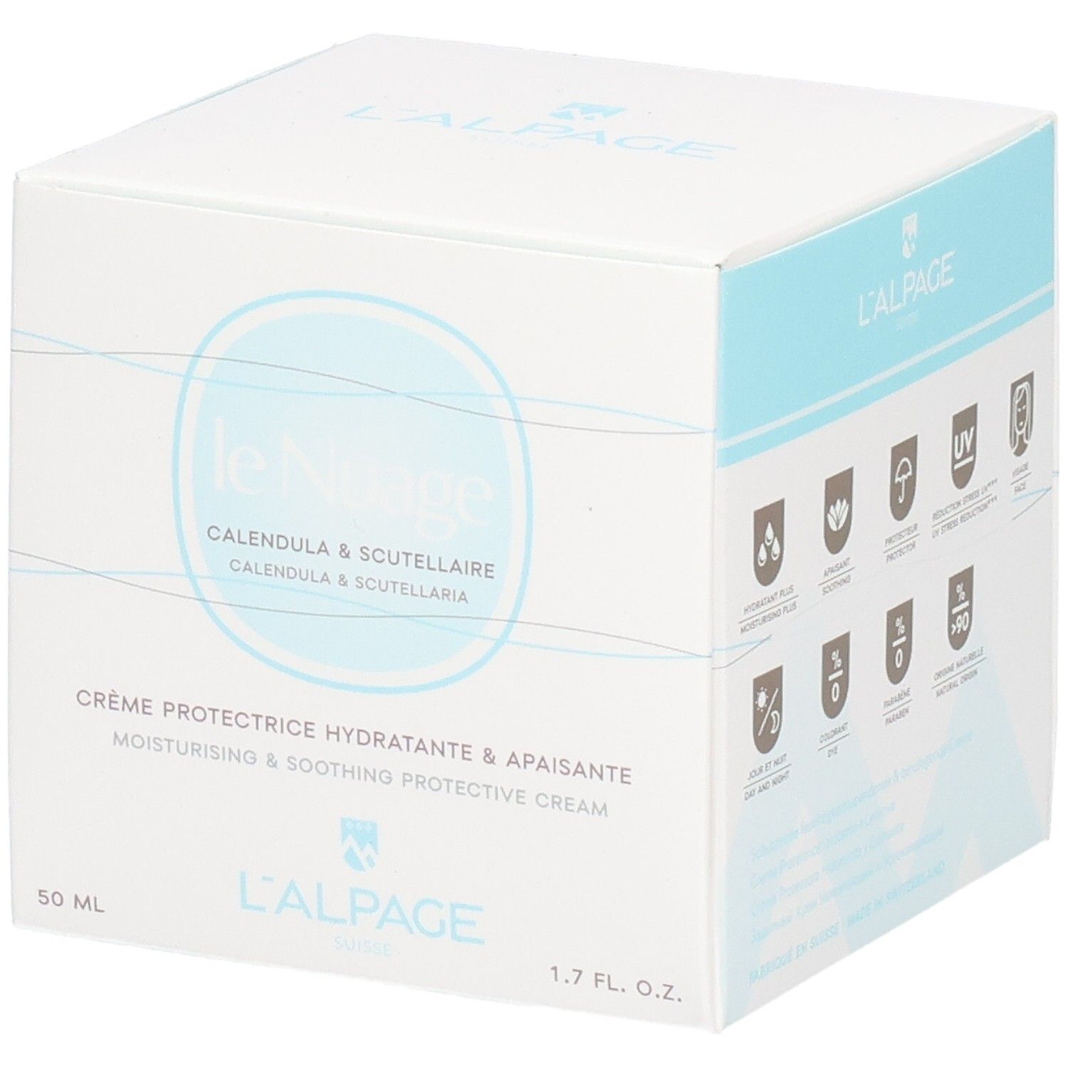 Witte doos met productnaam en logo. Beschermingssymbolen. Tekst: Crème Protectrice Hydratante & Apaisante. 1.7 FL. OZ.