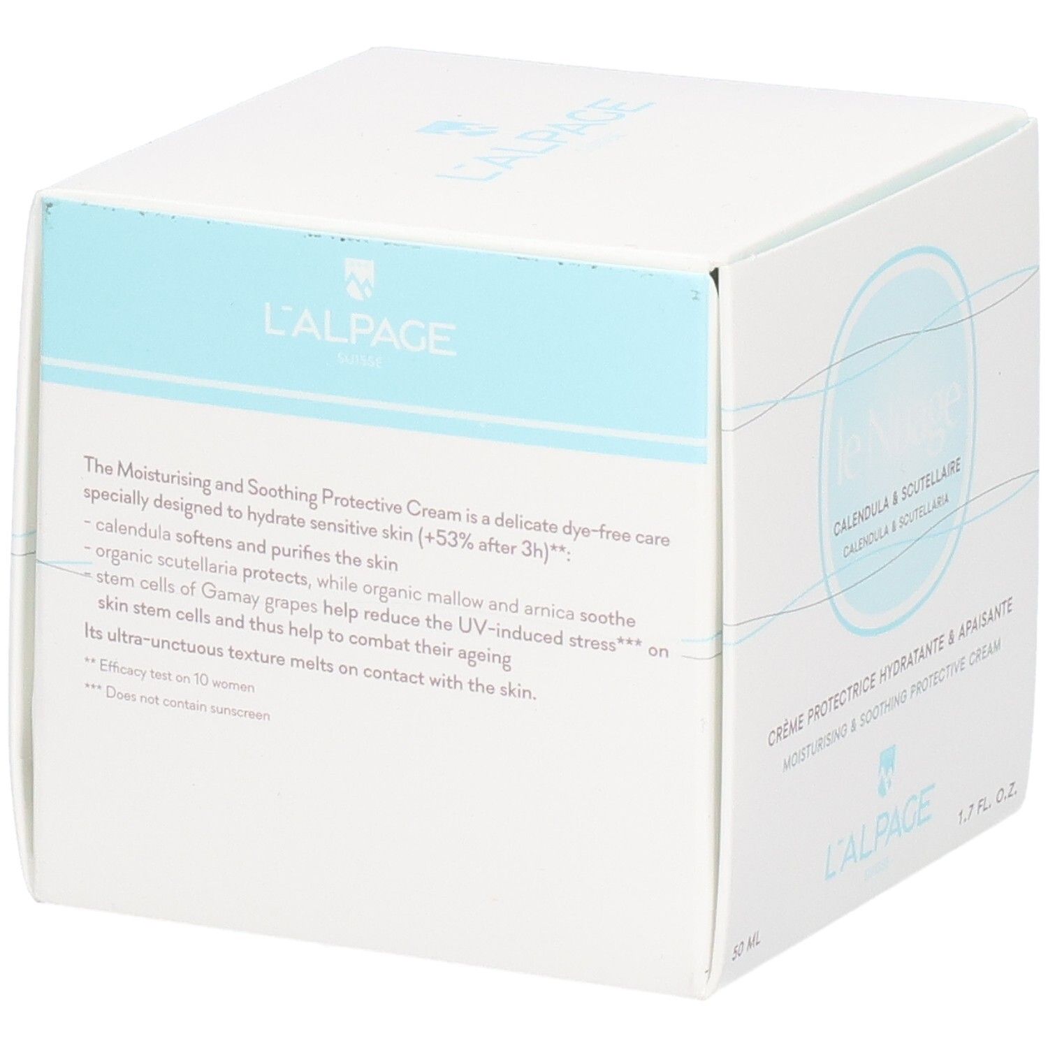 Witte doos met productnaam en logo. Tekst: Crème Protectrice Hydratante & Apaisante. 50 ML. Franse tekst.