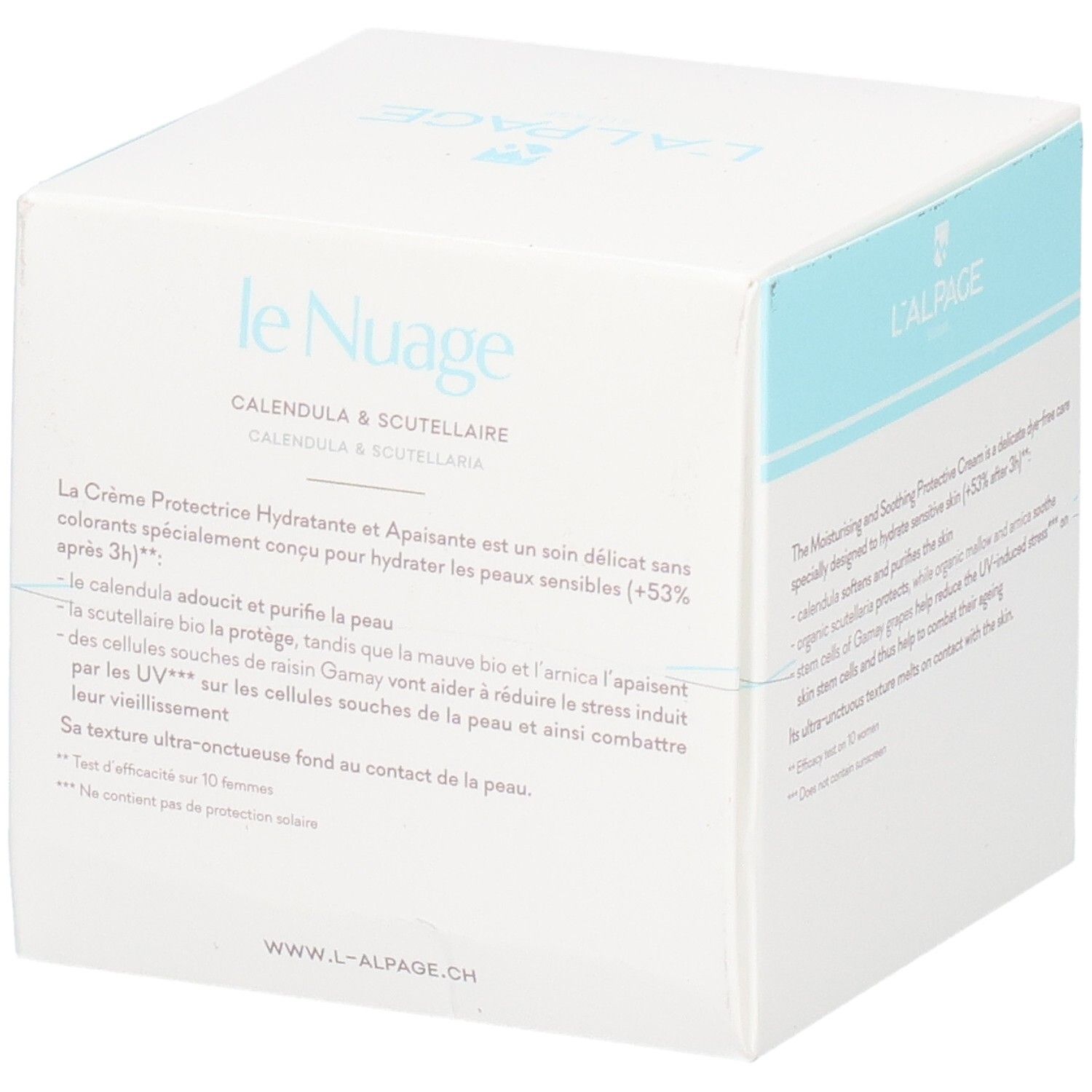 Witte doos met productnaam en logo. Franse tekst. Tekst: Crème Protectrice Hydratante & Apaisante. www.l-alpage.ch