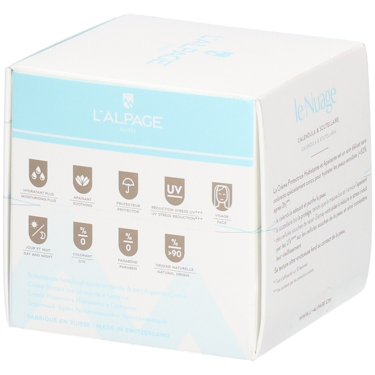 Witte doos met productnaam en logo. Symbolen en Franse tekst. Tekst: Crème Protectrice Hydratante & Apaisante.