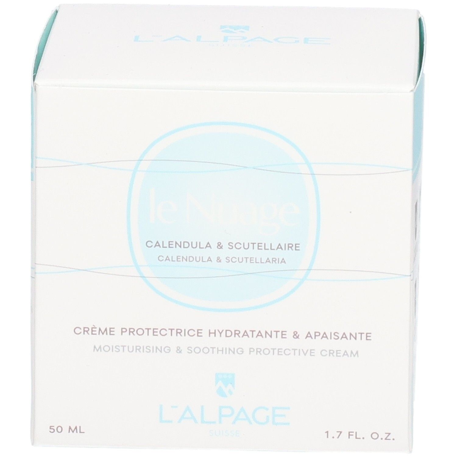Witte doos met productnaam en logo. Tekst: Crème Protectrice Hydratante & Apaisante. 50 ML. 1.7 FL. OZ.
