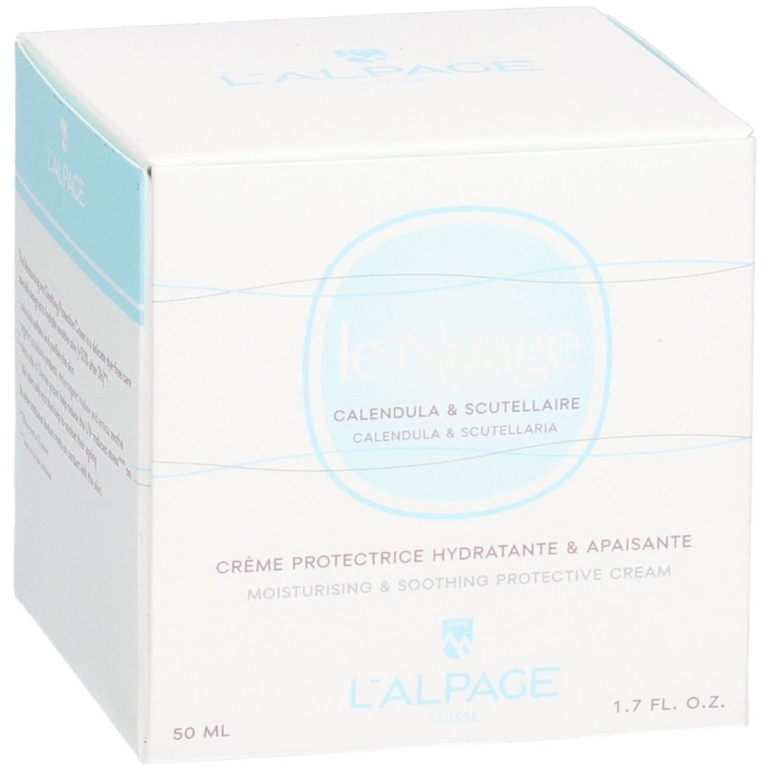 Witte doos met productnaam en logo. Tekst: Crème Protectrice Hydratante & Apaisante. 1.7 FL. OZ. 50 ML.