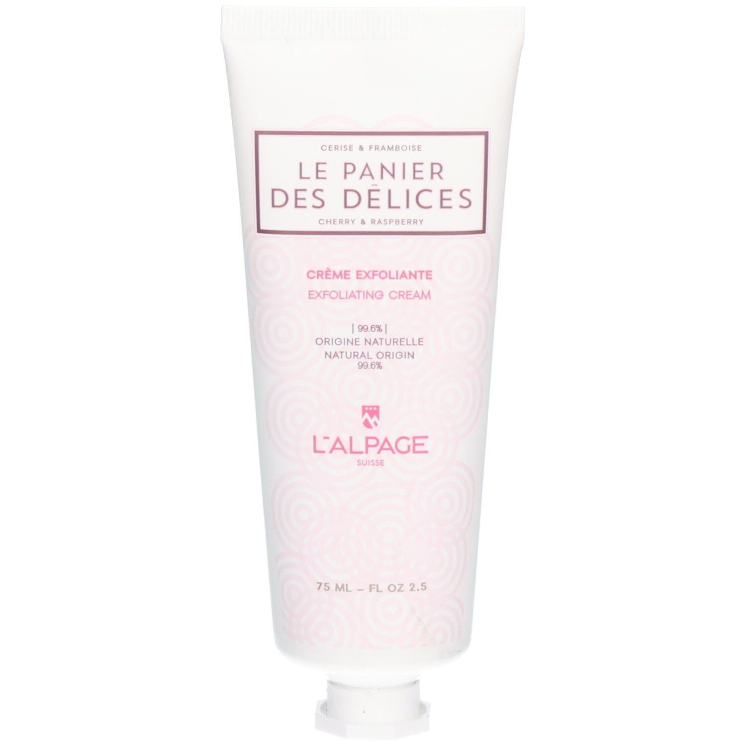 Tube blanc avec inscription rose : Le Panier des Délices, Crème Exfoliante, 75 ml.