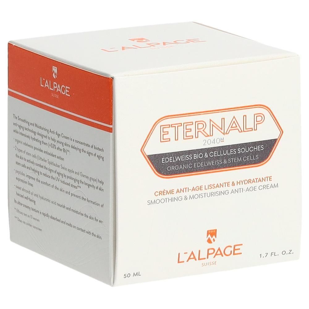 Boîte blanche et orange. Inscription: Eternalp 2040m, crème anti-âge. Marque: L'ALPAGE.
