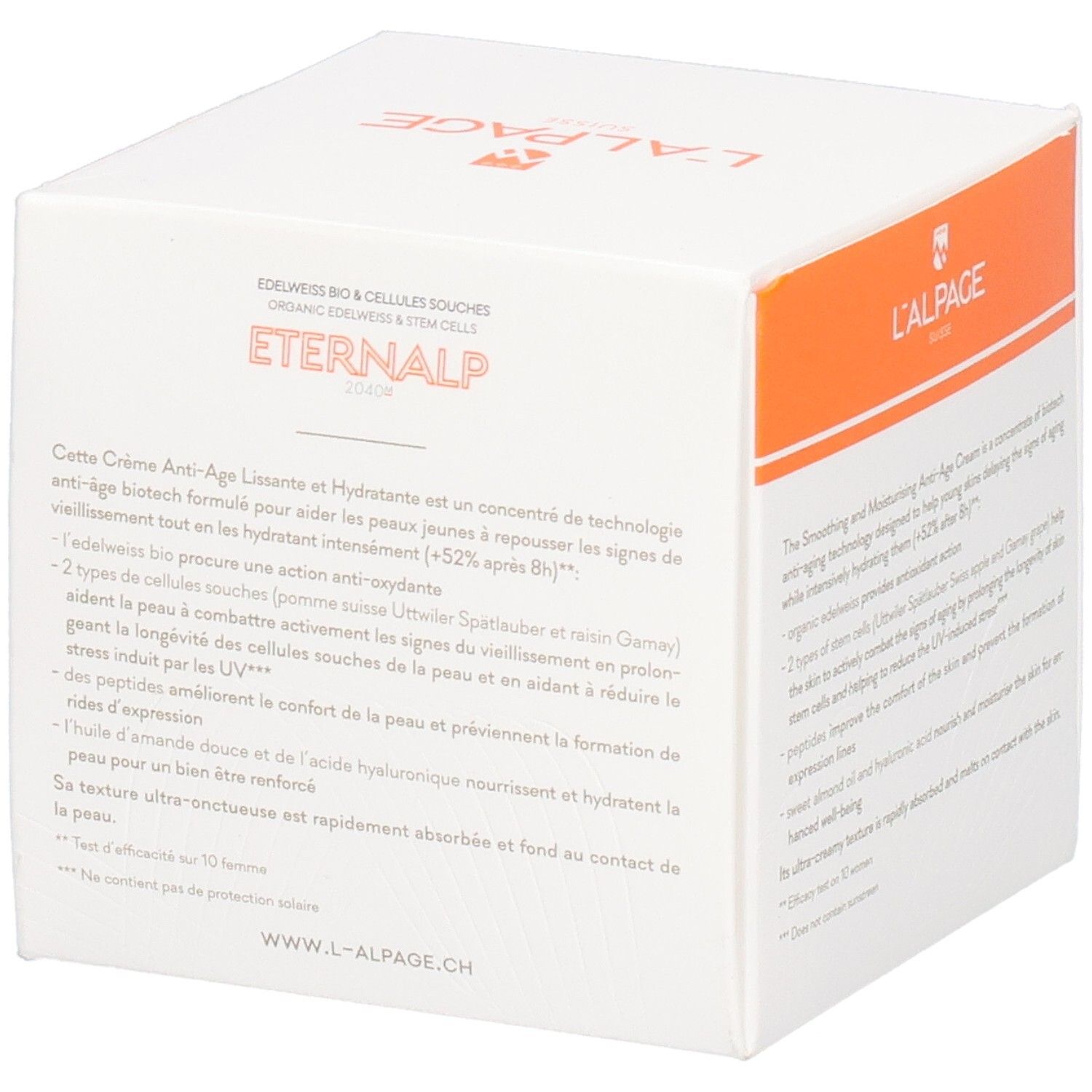 Boîte blanche avec texte et accents orange. Inscription: Eternalp 2040m, crème anti-âge. Marque: L'ALPAGE.