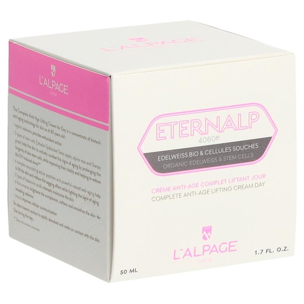 Witte verpakking met roze accenten. Tekst: Eternalp 4060m, L'ALPAGE. Bevat crème. 50 ml, 1.7 FL. OZ.