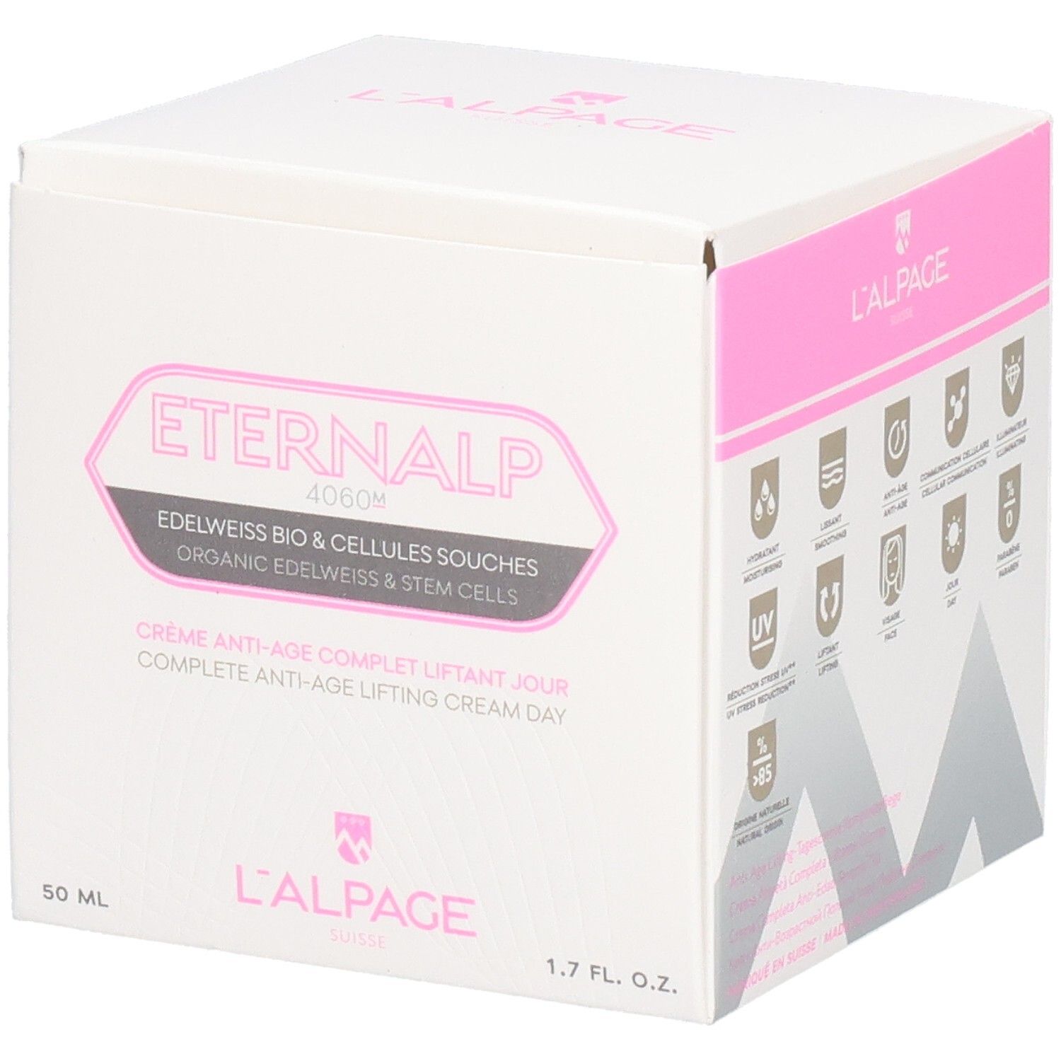 Witte verpakking met roze accenten. Tekst: Eternalp 4060m, L'ALPAGE. Bevat crème. 50 ml, 1.7 FL. OZ.