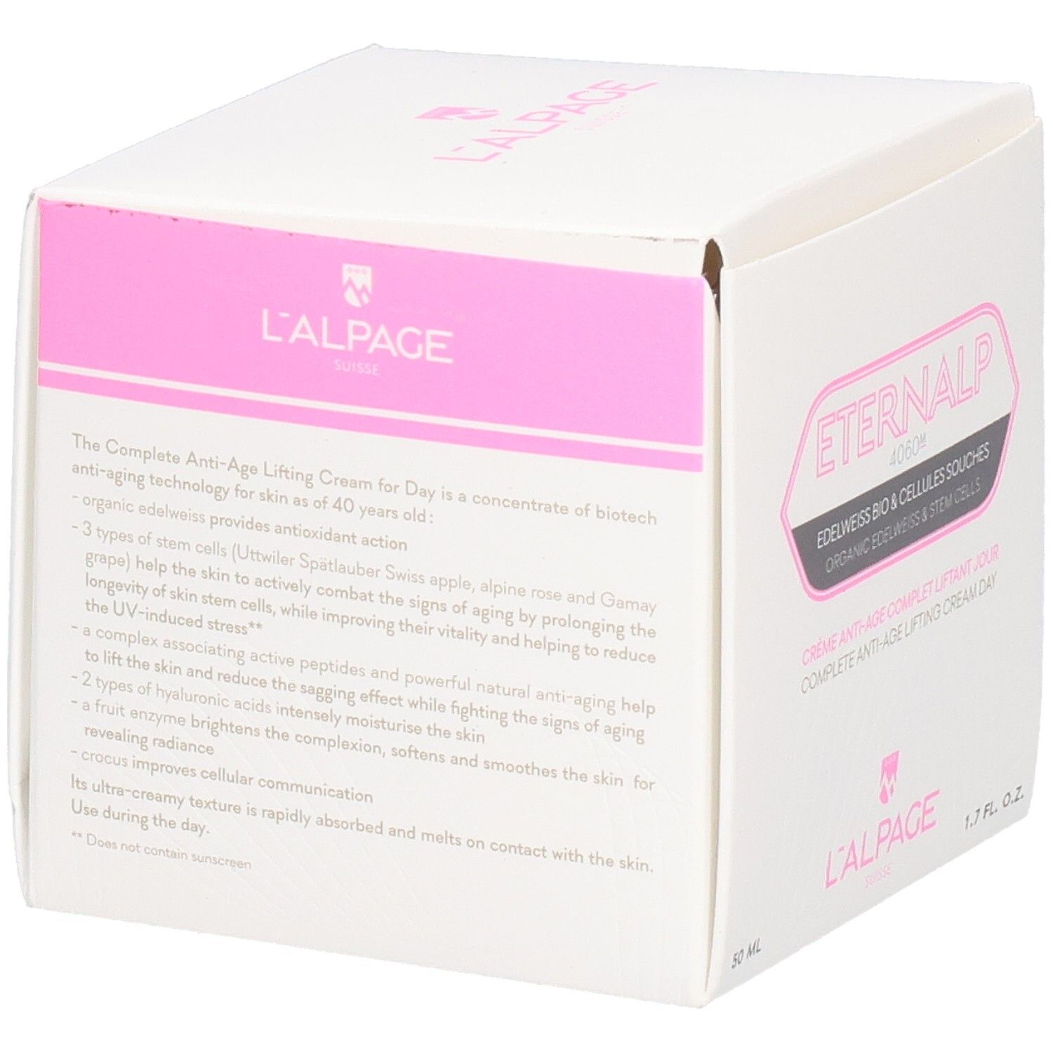 Witte verpakking met roze accenten. Tekst: Eternalp 4060m, L'ALPAGE. Bevat crème. 50 ml, 1.7 FL. OZ.