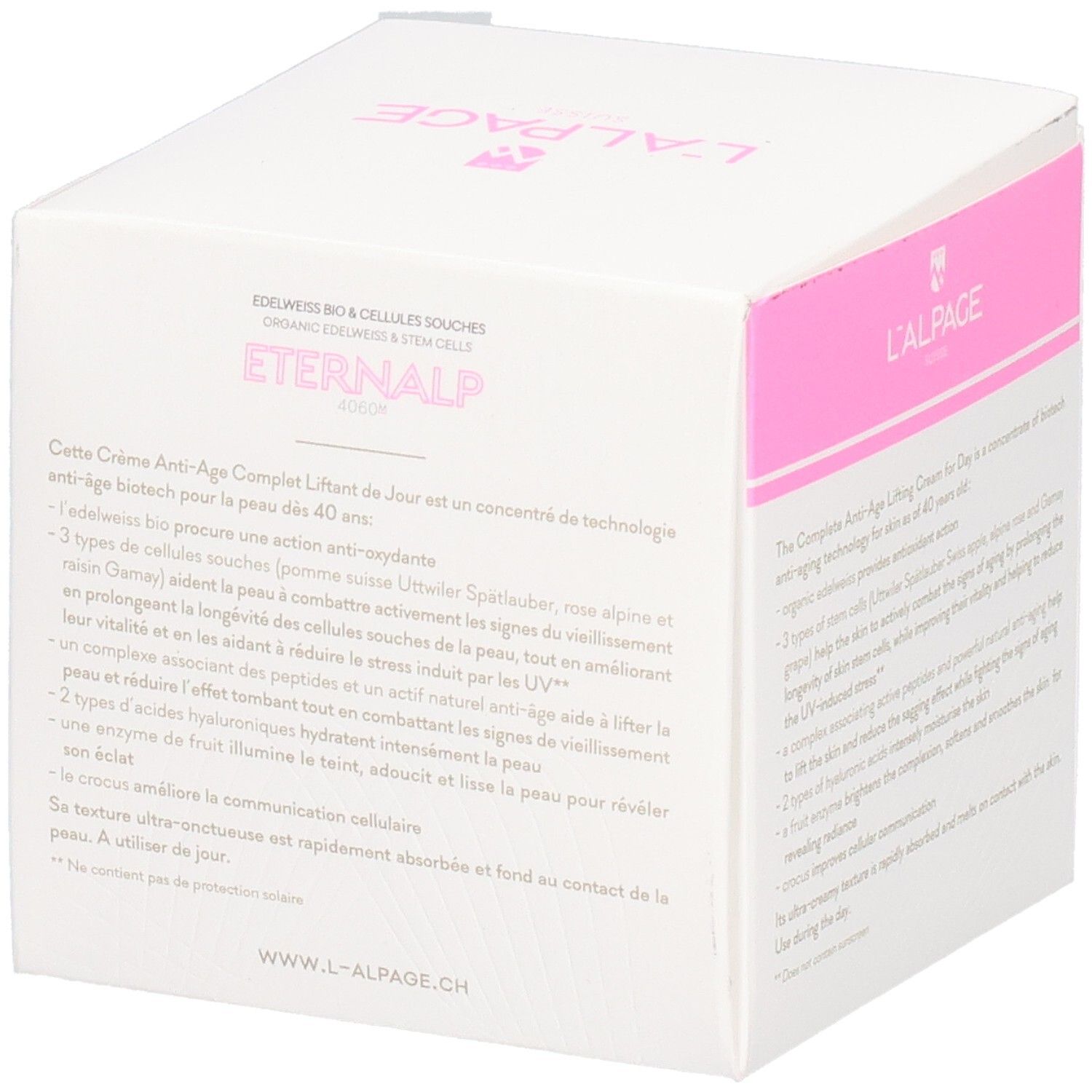 Witte verpakking met roze accenten. Tekst: Eternalp 4060m, L'ALPAGE. Bevat crème. 50 ml, 1.7 FL. OZ.
