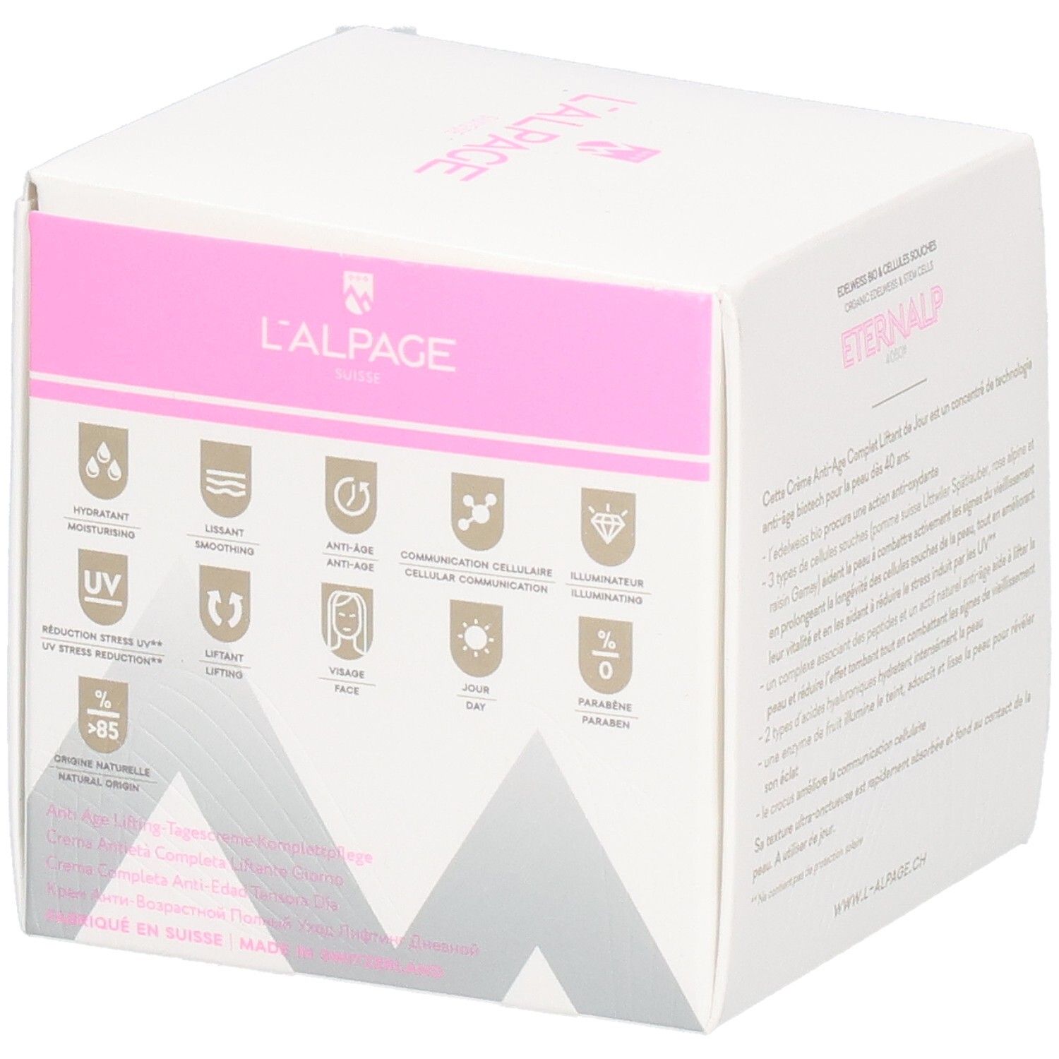 Witte verpakking met roze accenten. Tekst: Eternalp 4060m, L'ALPAGE. Bevat crème. 50 ml, 1.7 FL. OZ.