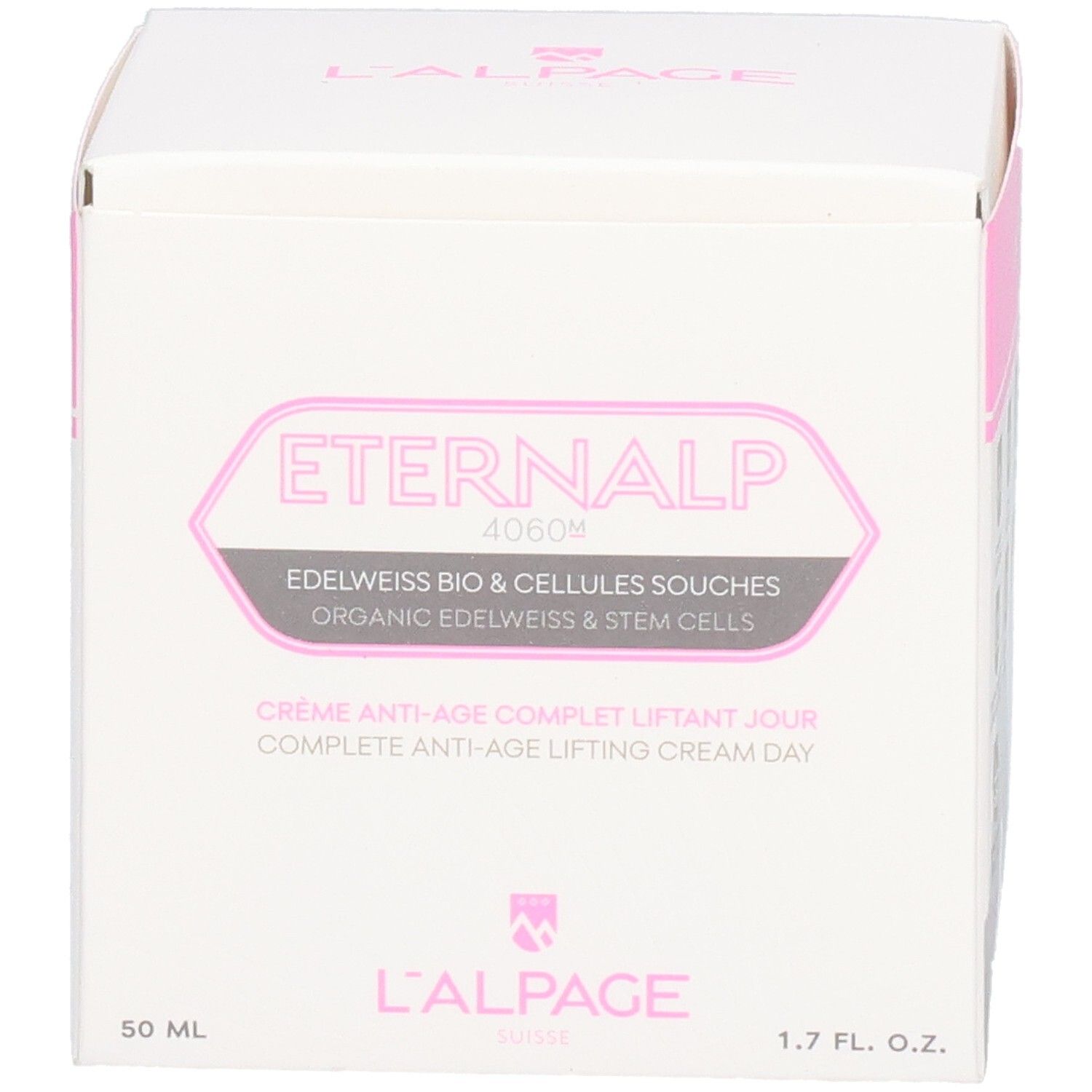 Witte verpakking met roze accenten. Tekst: Eternalp 4060m, L'ALPAGE. Bevat crème. 50 ml, 1.7 FL. OZ.