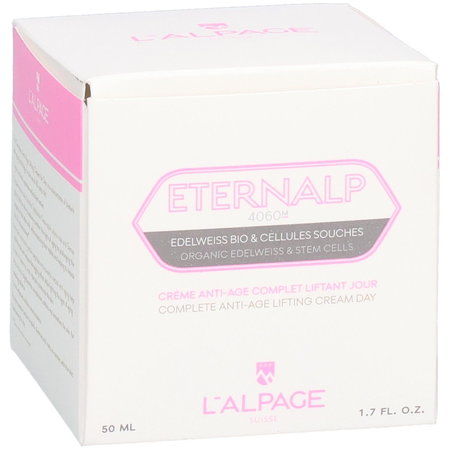 Witte verpakking met roze accenten. Tekst: Eternalp 4060m, L'ALPAGE. Bevat crème. 50 ml, 1.7 FL. OZ.