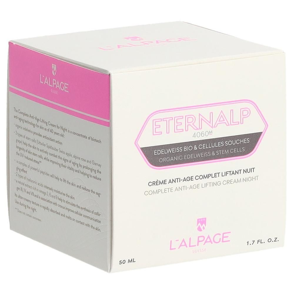 Witte verpakking met roze accenten. Tekst: Eternalp 4060m, Crème Anti-Âge Complet Liftant Nuit. L'ALPAGE.