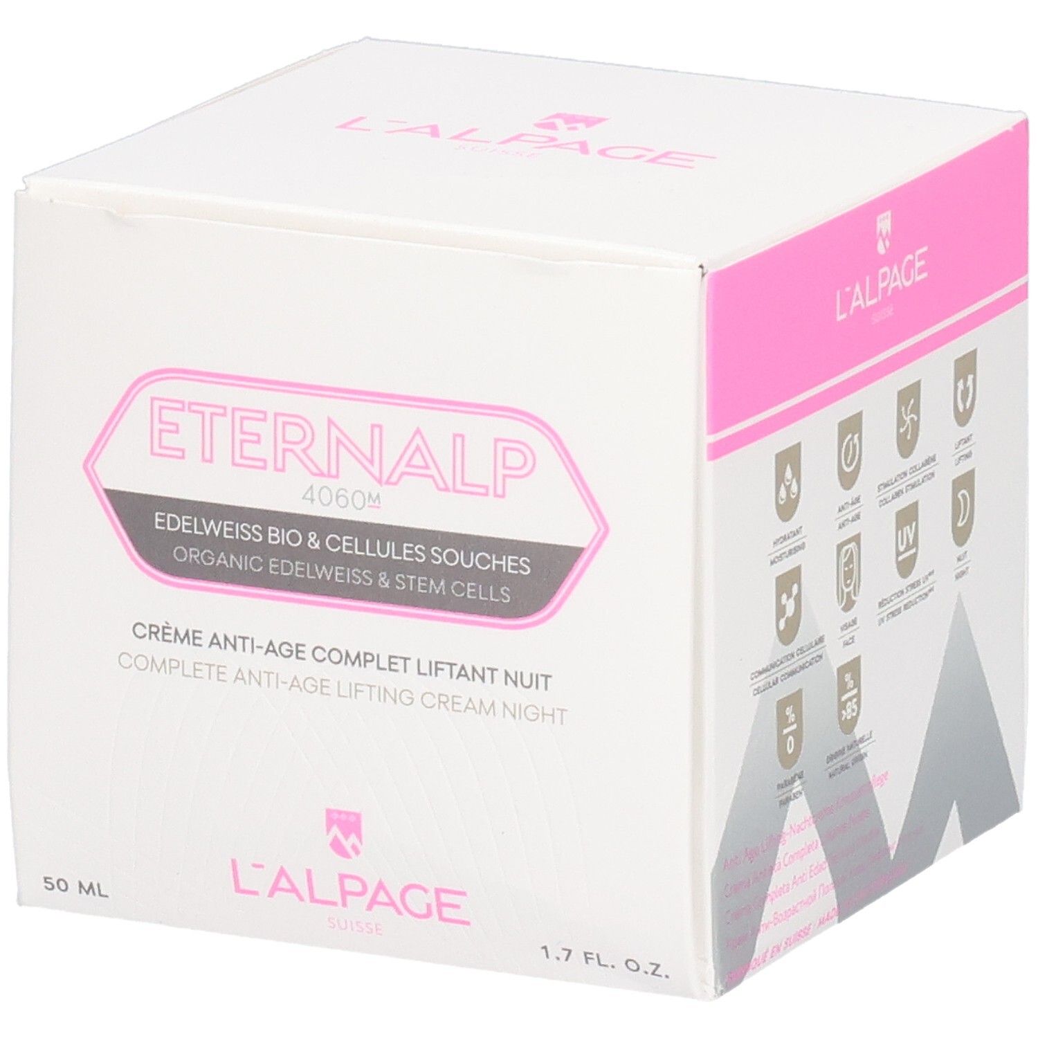 Witte verpakking met roze accenten. Tekst: Eternalp 4060m, Crème Anti-Âge Complet Liftant Nuit. L'ALPAGE.