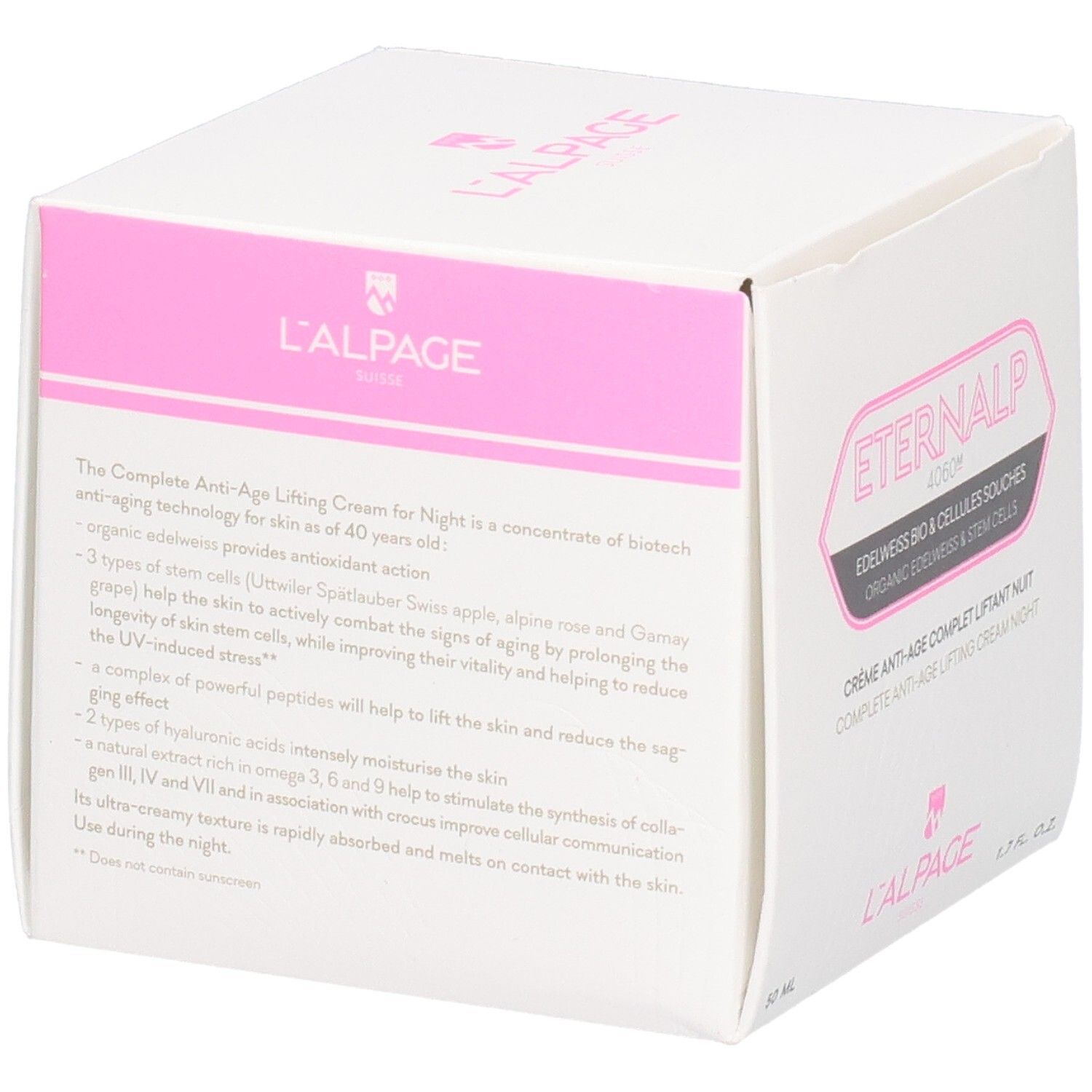 Witte verpakking met roze accenten. Tekst: Eternalp 4060m, Crème Anti-Âge Complet Liftant Nuit. L'ALPAGE.