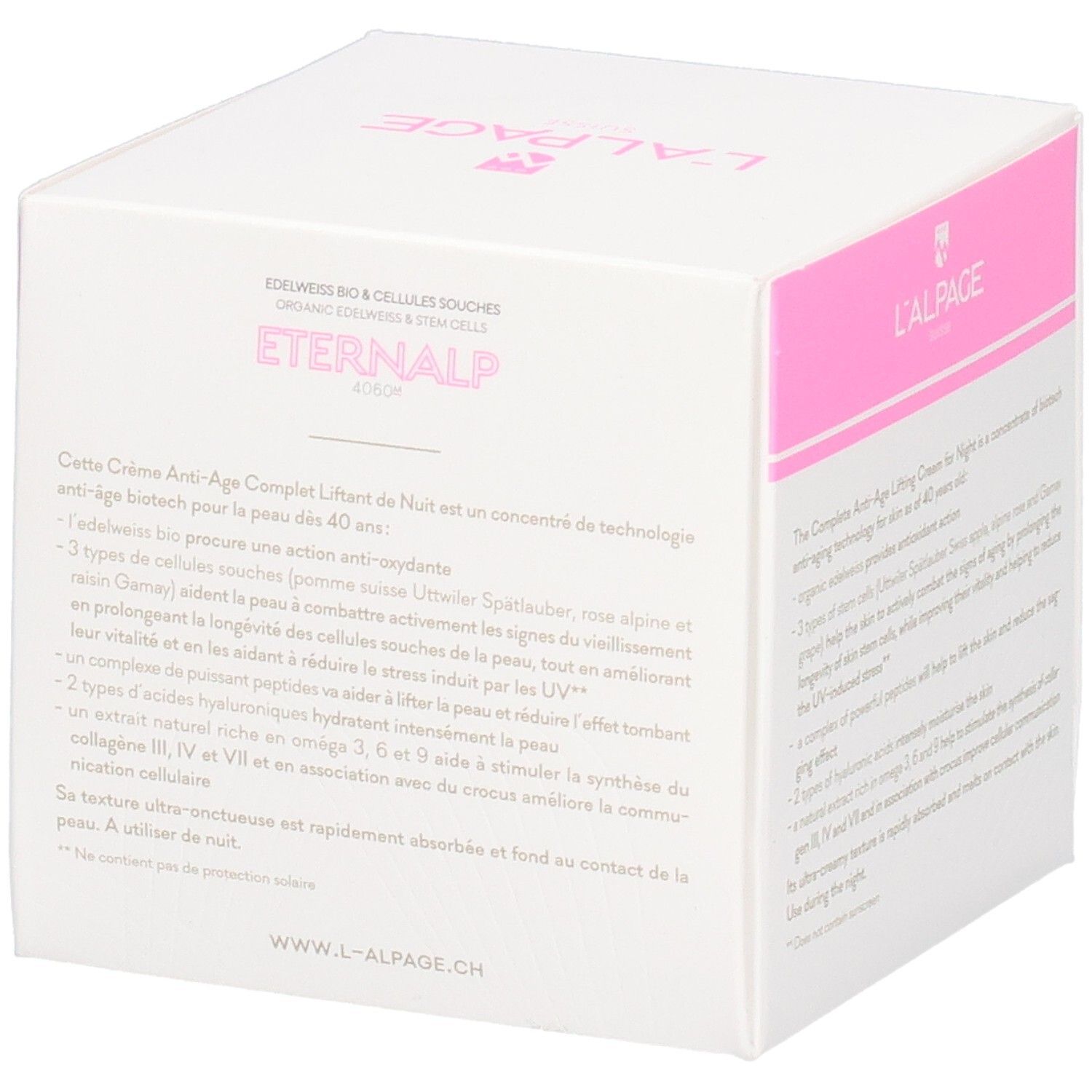 Witte verpakking met roze accenten. Tekst: Eternalp 4060m, Crème Anti-Âge Complet Liftant Nuit. L'ALPAGE.
