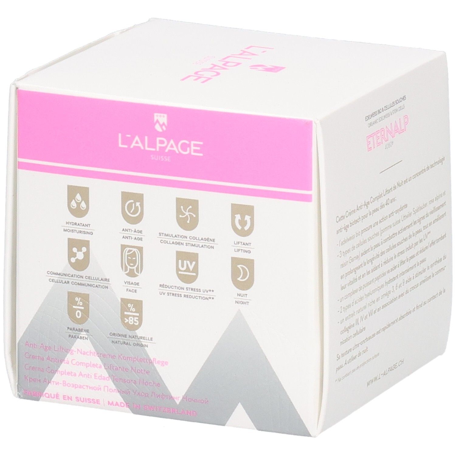 Witte verpakking met roze accenten. Tekst: Eternalp 4060m, Crème Anti-Âge Complet Liftant Nuit. L'ALPAGE.