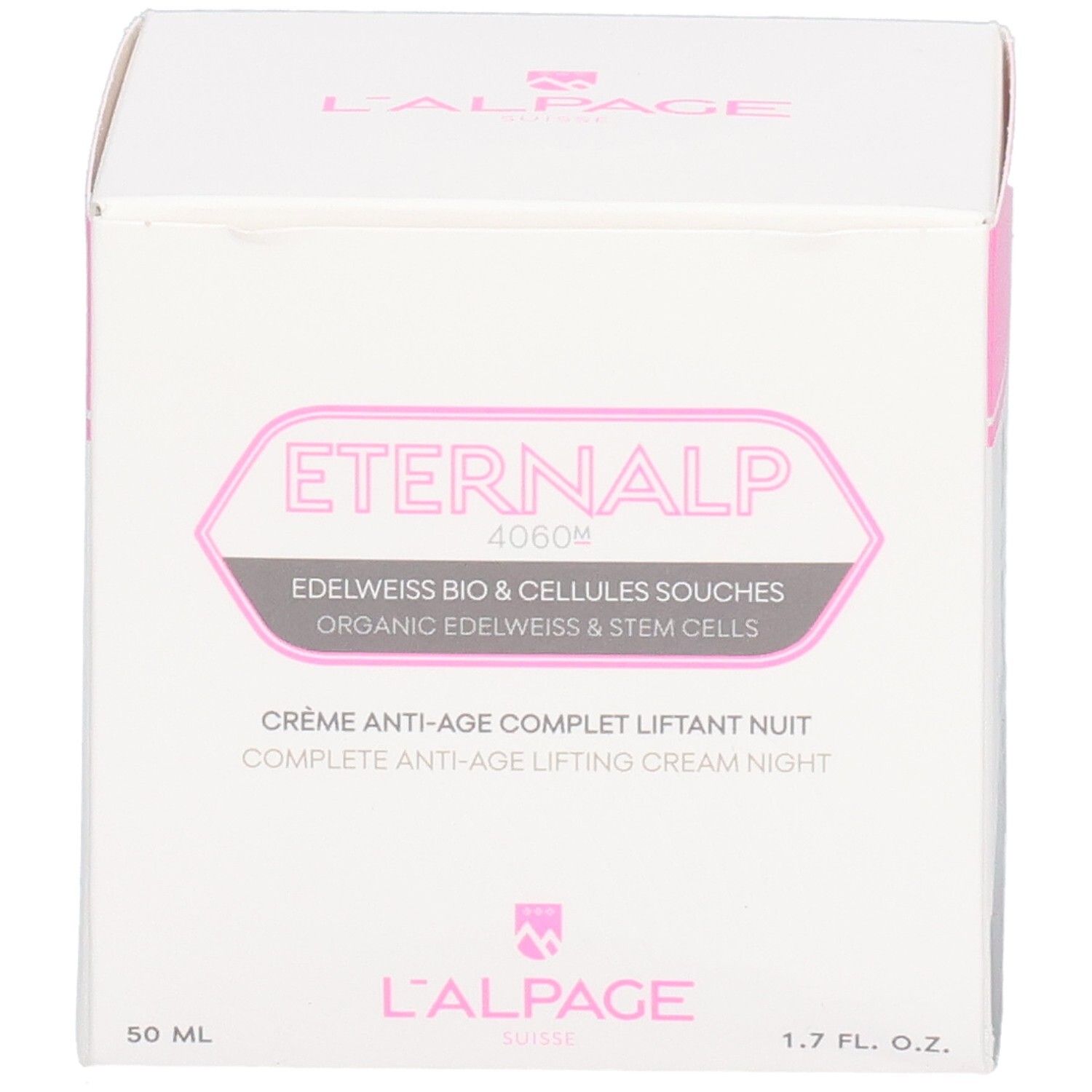 Witte verpakking met roze accenten. Tekst: Eternalp 4060m, Crème Anti-Âge Complet Liftant Nuit. L'ALPAGE.