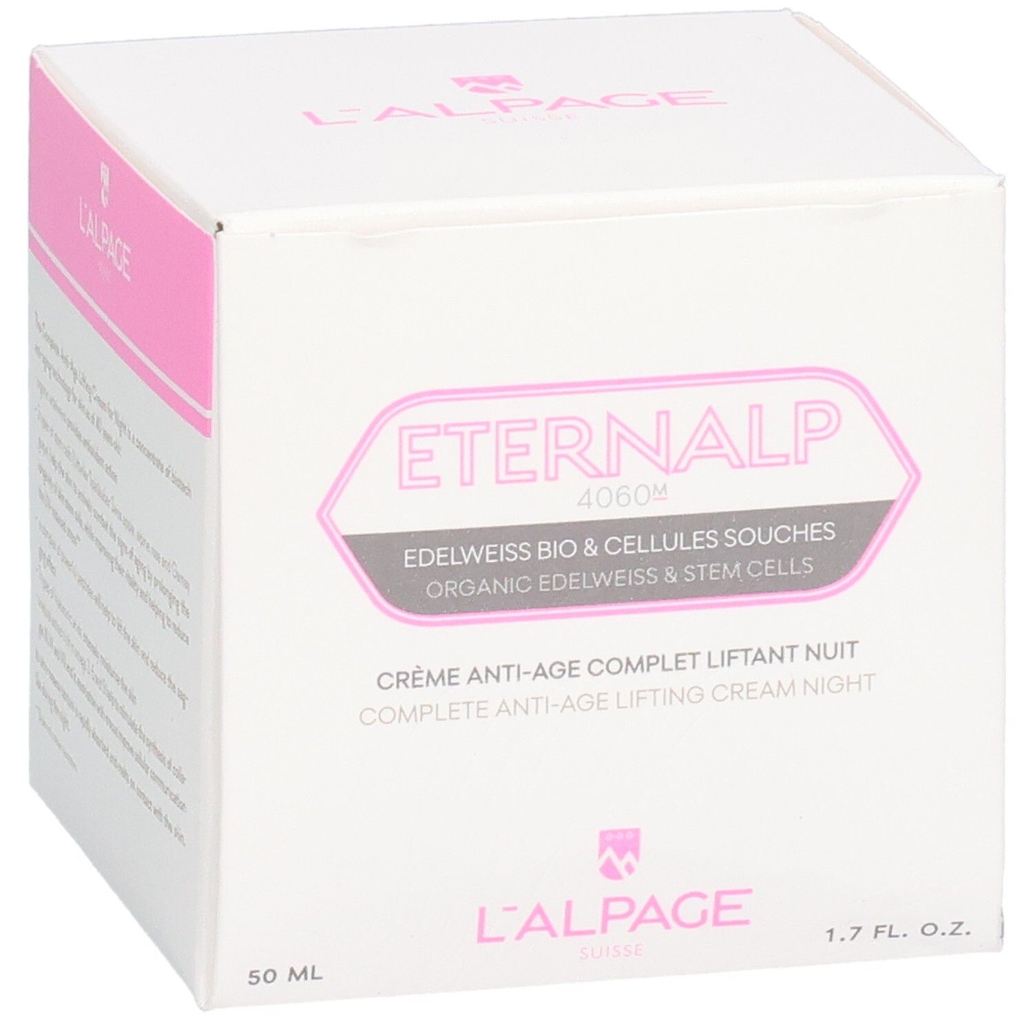 Witte verpakking met roze accenten. Tekst: Eternalp 4060m, Crème Anti-Âge Complet Liftant Nuit. L'ALPAGE.