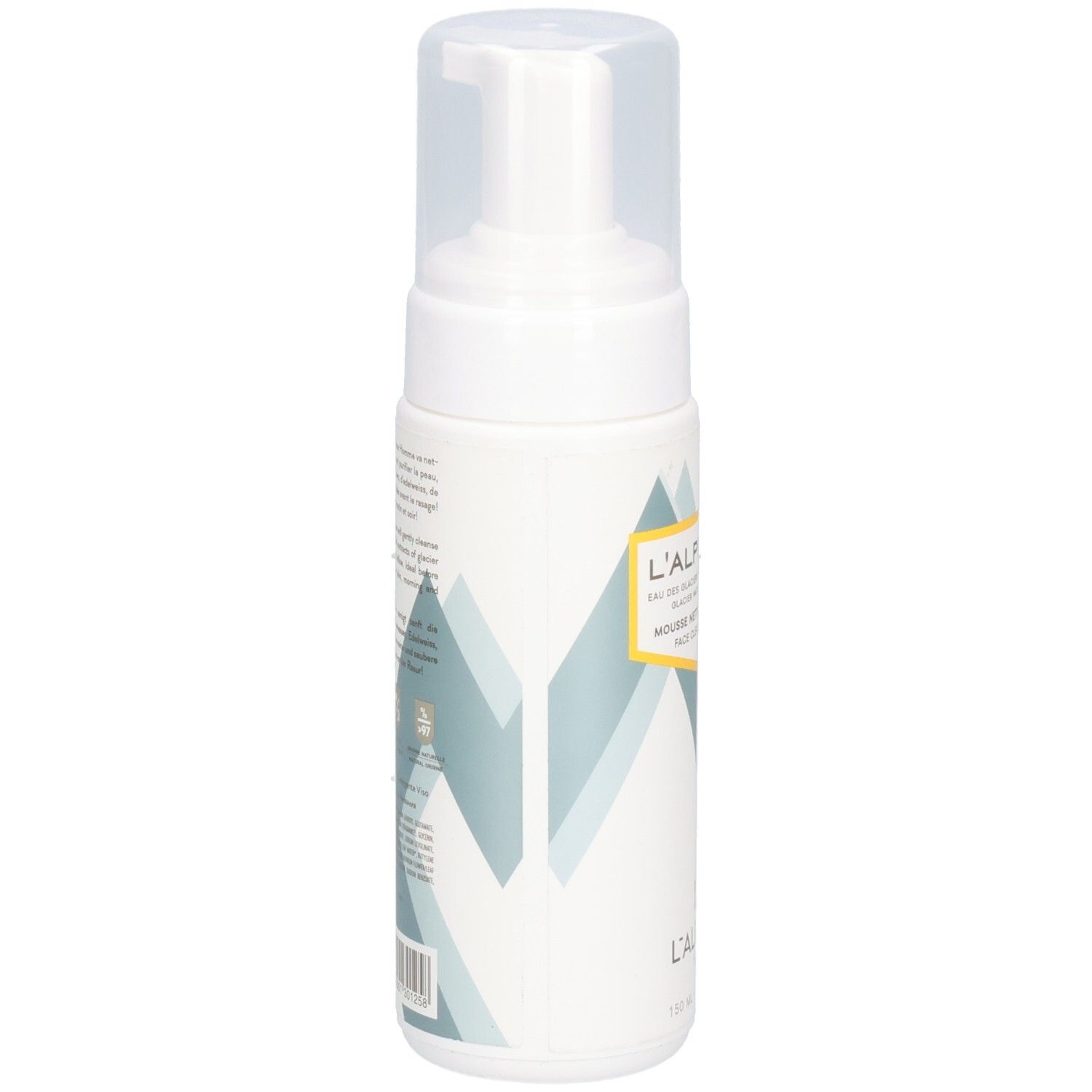 Flacon blanc avec pompe. Inscription: L'ALPINISTE, mousse nettoyante visage. Graphique jaune et bleu. En bas: L'ALPAGE.