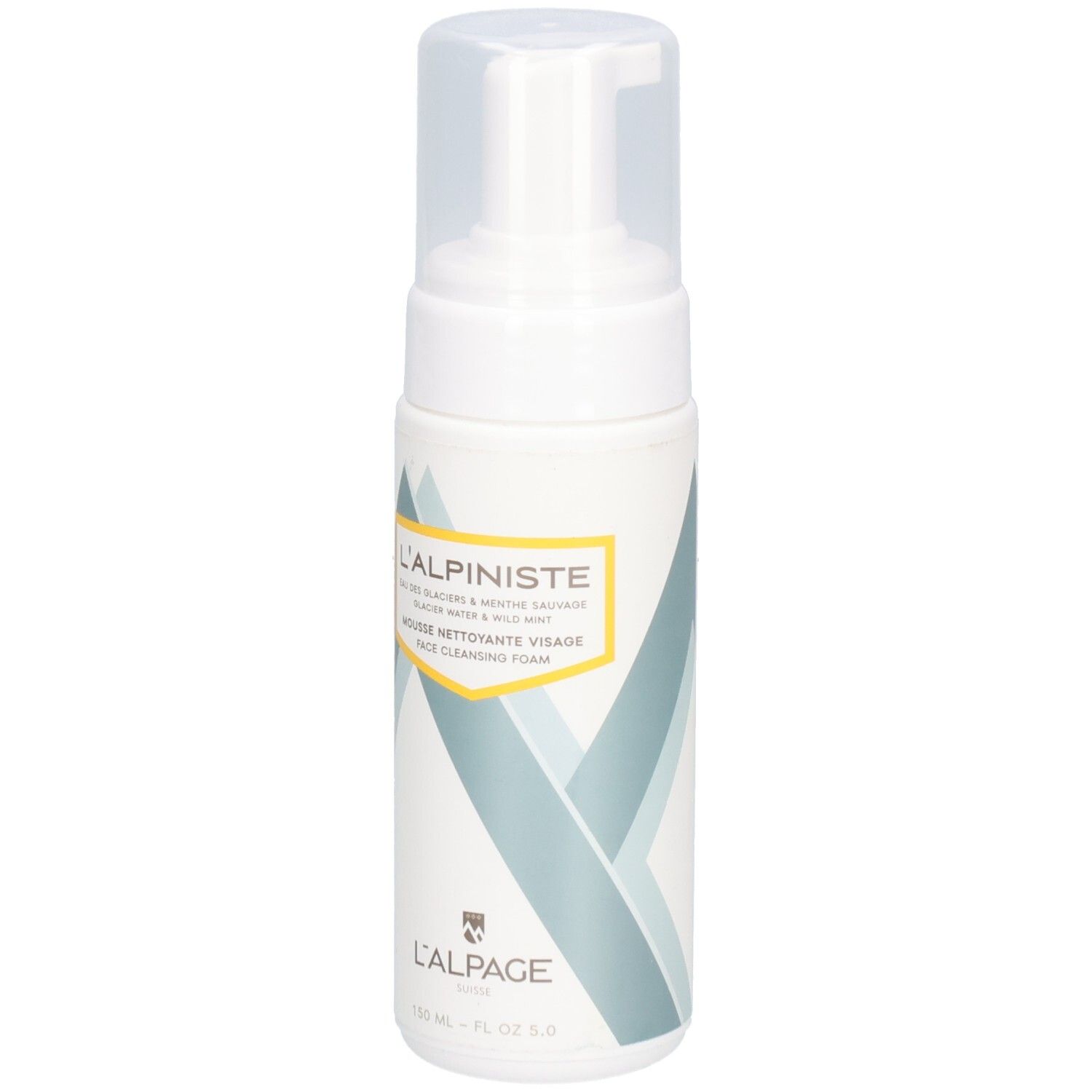 Flacon blanc avec pompe. Inscription: L'ALPINISTE, mousse nettoyante visage. Graphique jaune et bleu. En bas: L'ALPAGE.