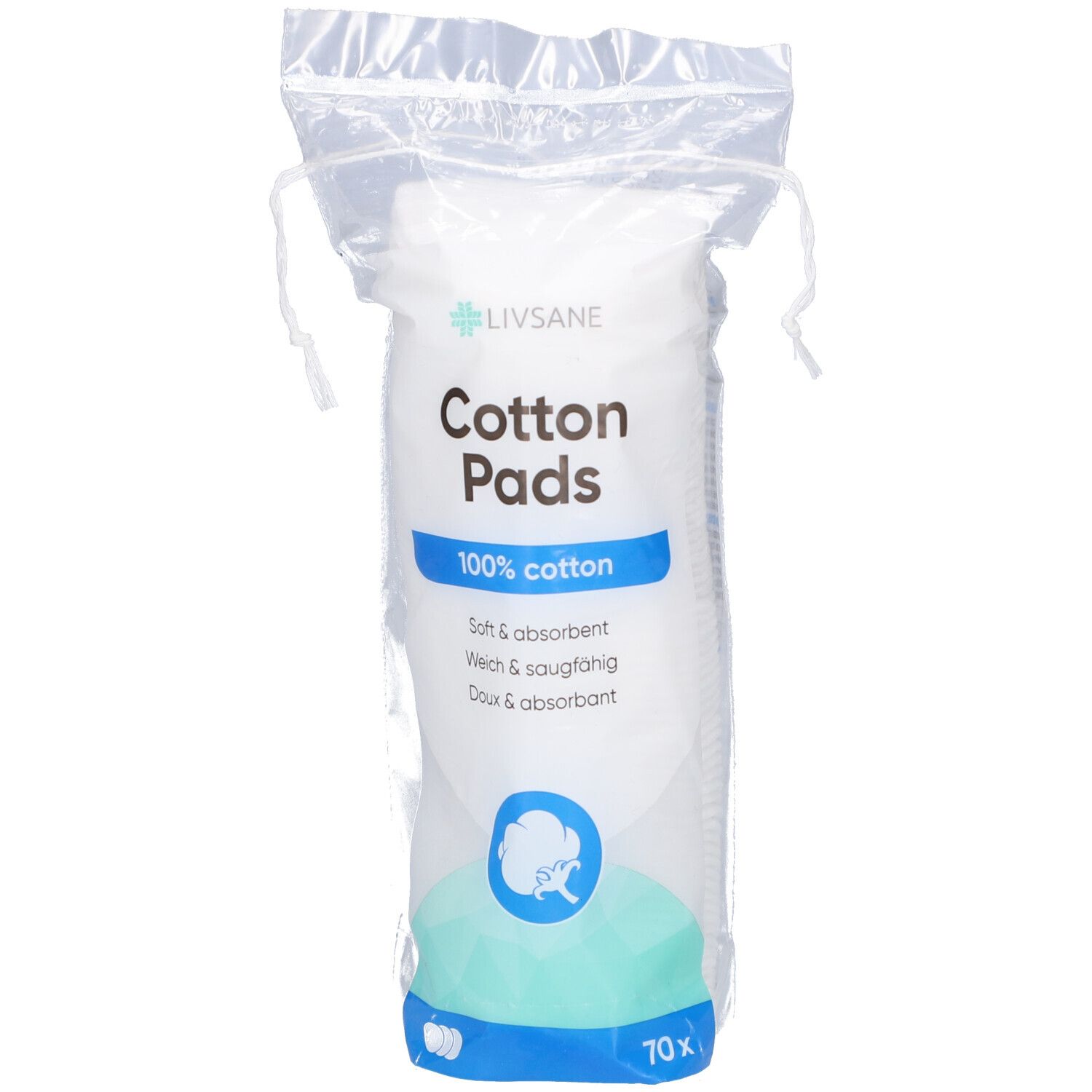 Paquet de cotons. Inscription: Livsane, Cotton Pads, 100% coton, doux & absorbant. 70 pièces.