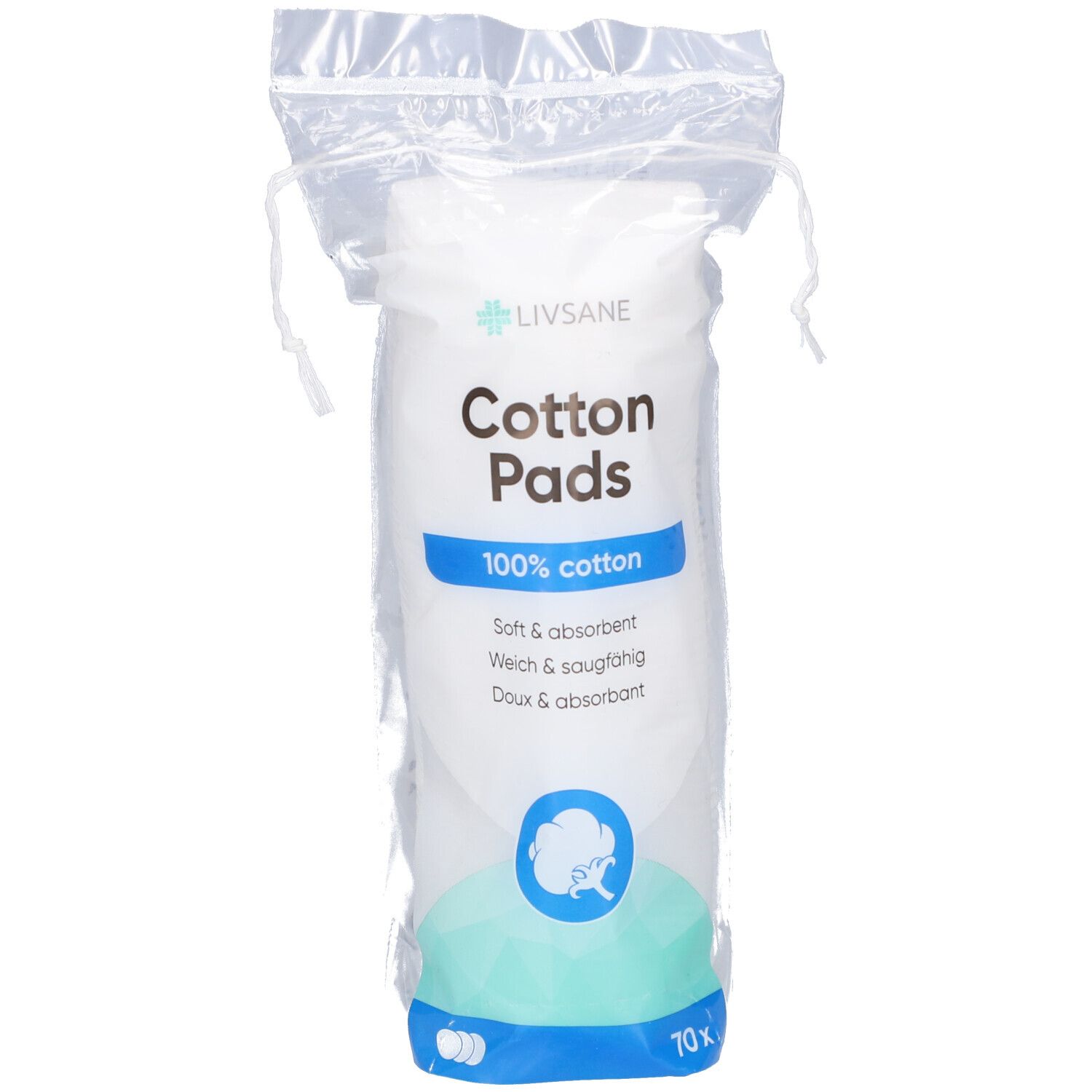Paquet de cotons. Inscription: Livsane, Cotton Pads, 100% coton, doux & absorbant. 70 pièces.