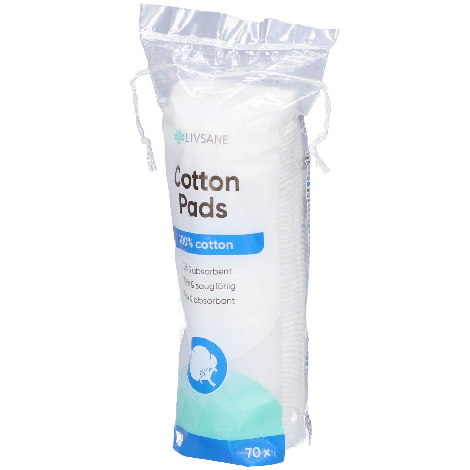 Paquet de cotons. Inscription: Livsane, Cotton Pads, 100% coton, doux & absorbant. 70 pièces.