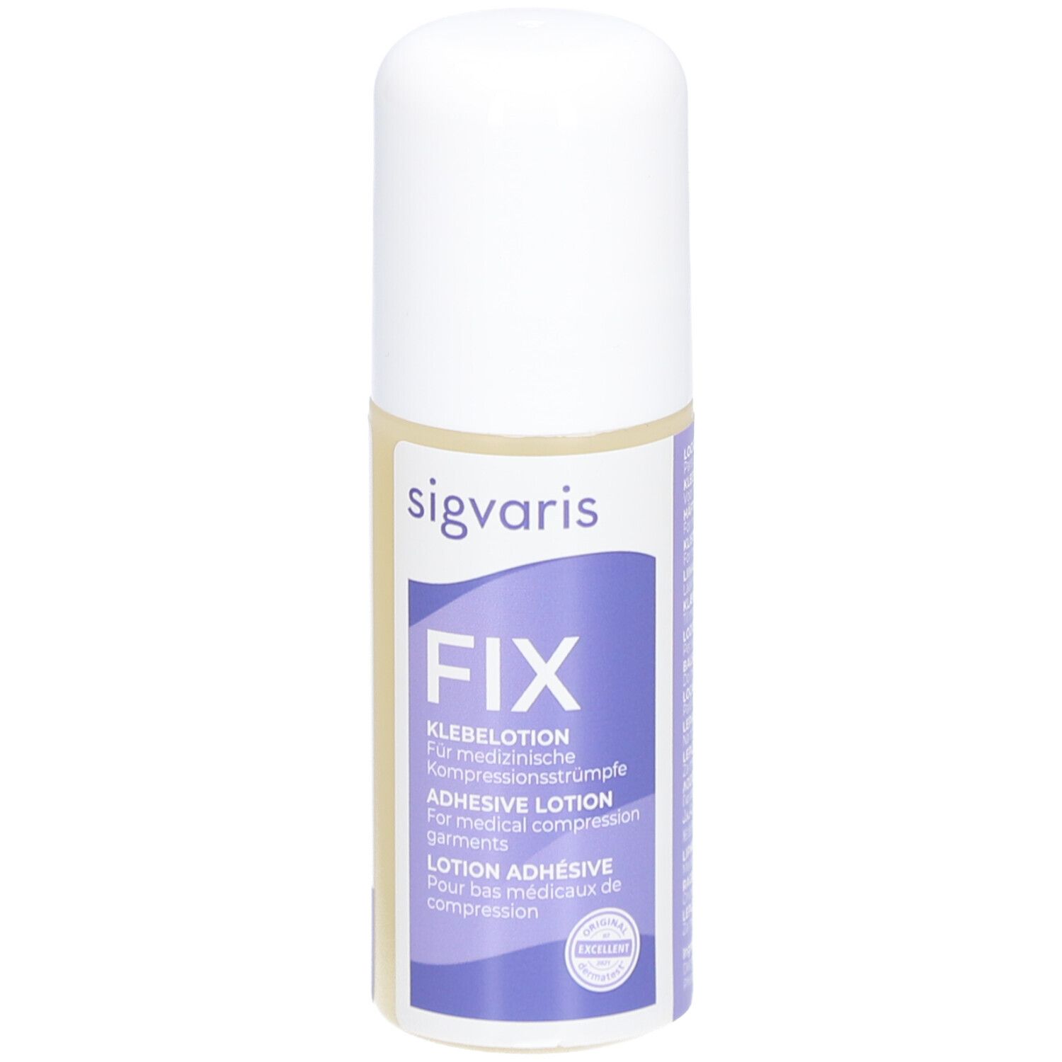 SIGVARIS FIX kleeflotion. Witte fles met paars etiket. Opschrift: FIX, kleeflotion voor compressiekousen.